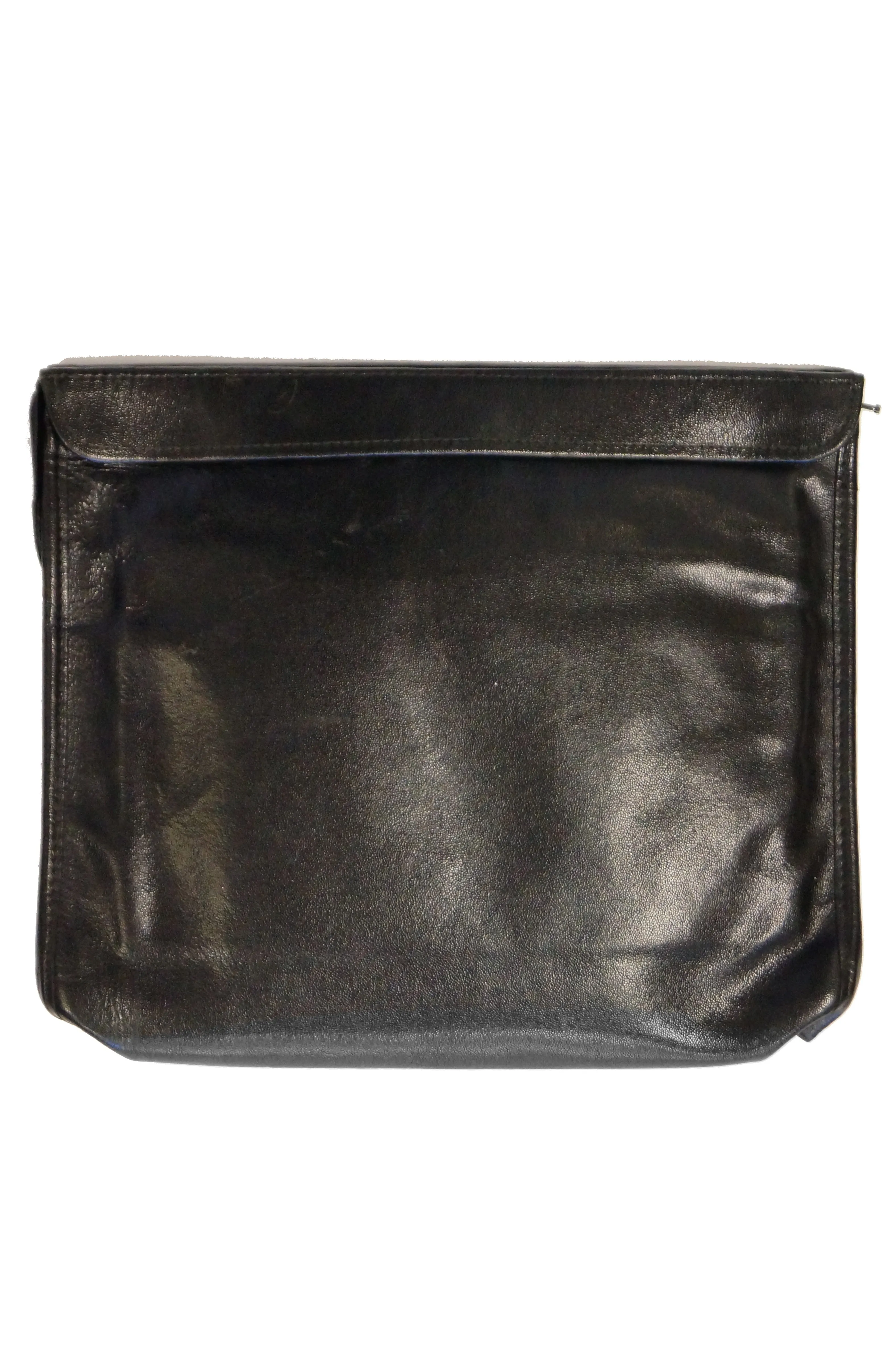 1970s Roberta di Camerino Large Black Pebbled Leather Clutch with Ribbon Detail