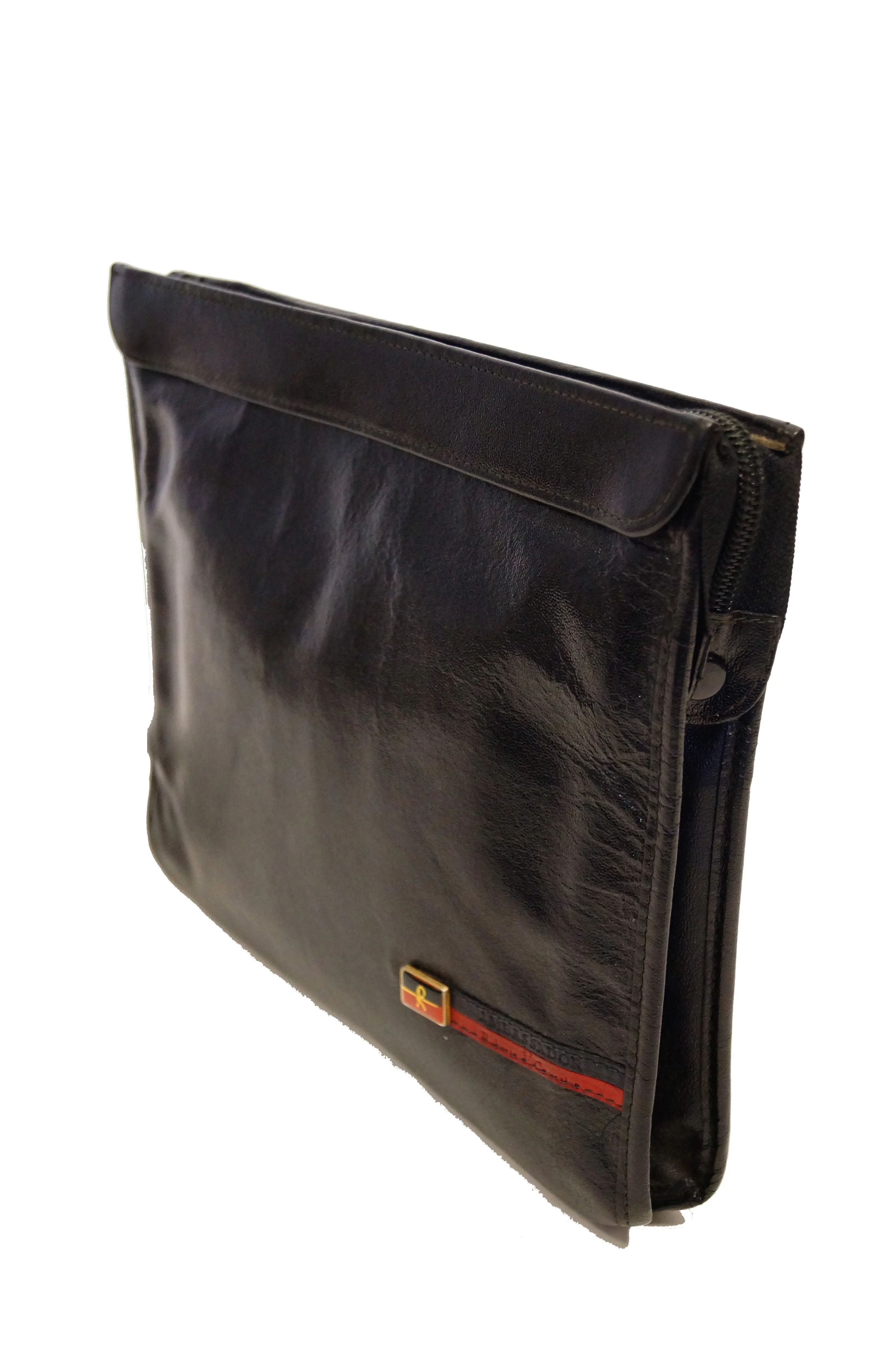 1970s Roberta di Camerino Large Black Pebbled Leather Clutch with Ribbon Detail
