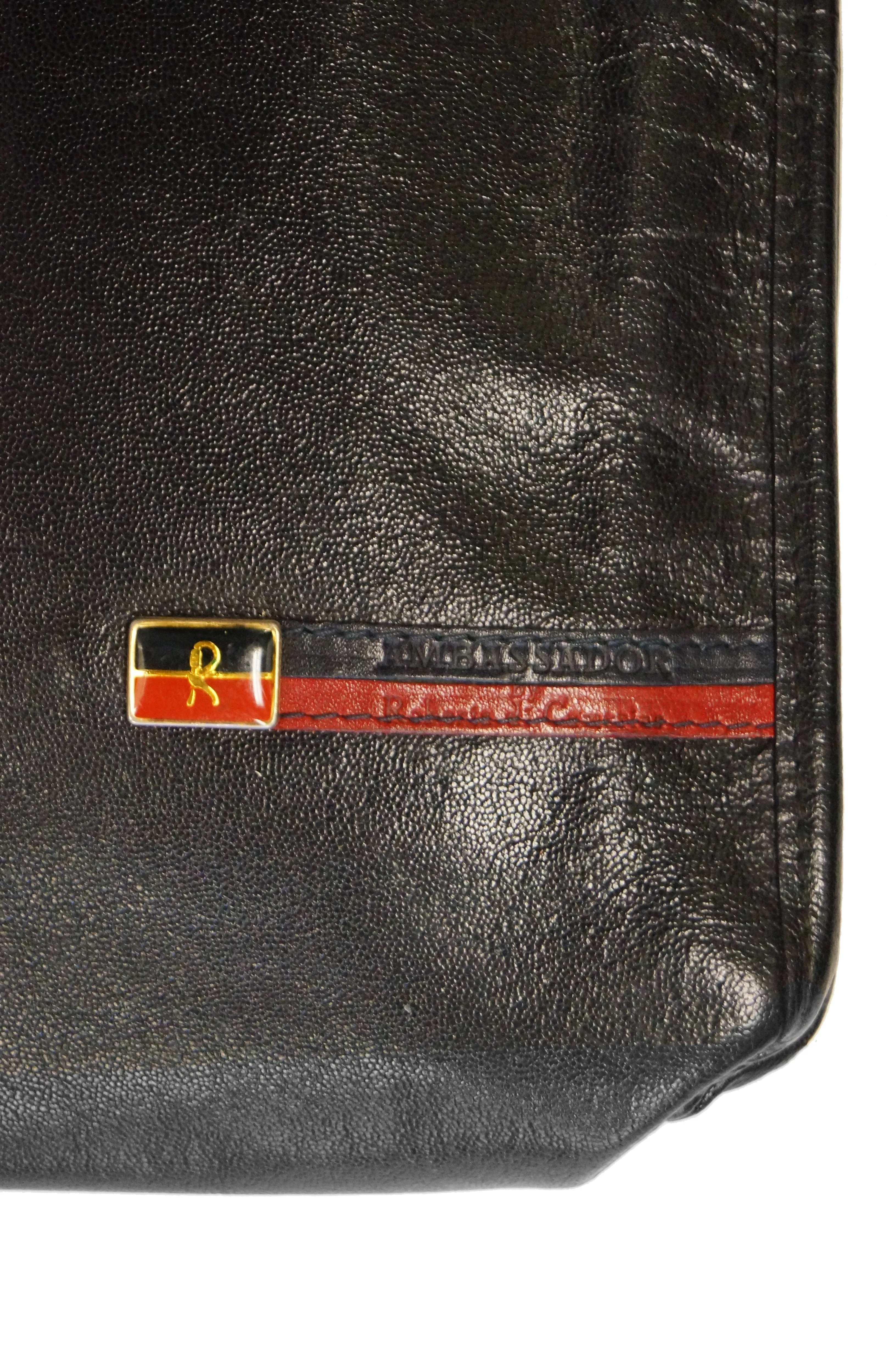 1970s Roberta di Camerino Large Black Pebbled Leather Clutch with Ribbon Detail