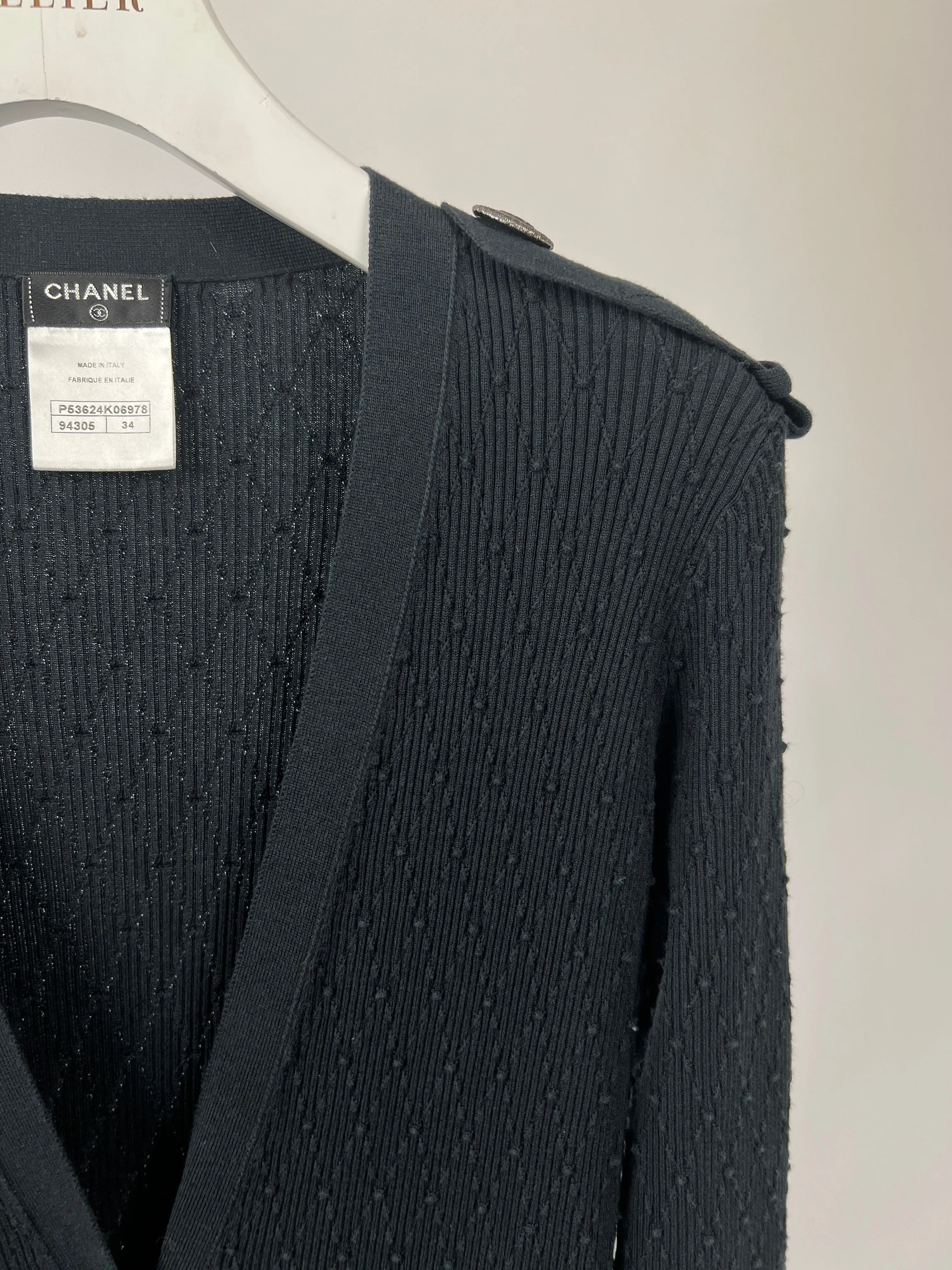 Chanel 16P Black Ribbed Cardigan with Shoulder Button Detail FR 34 (UK 6) RRP ??2,450