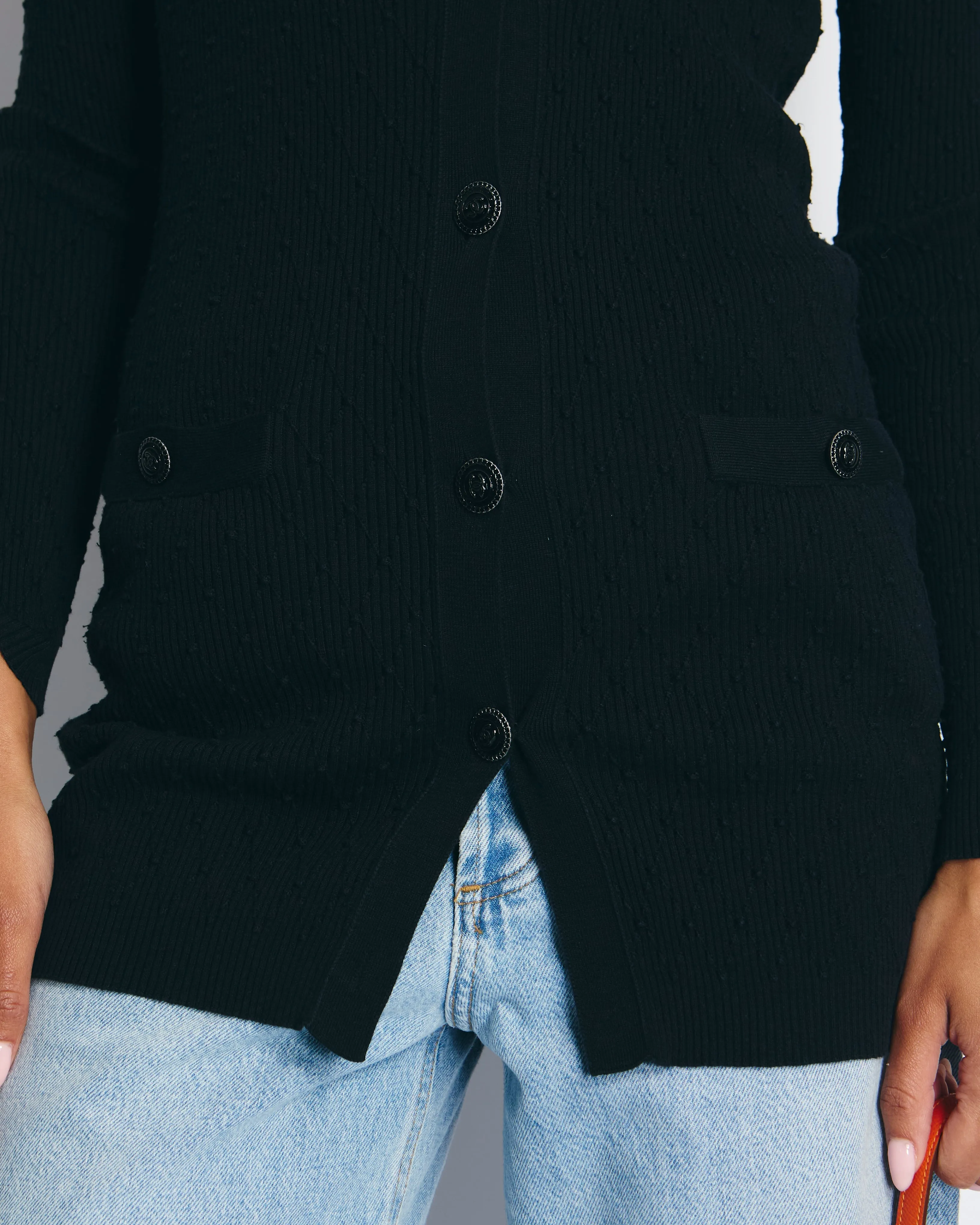 Chanel 16P Black Ribbed Cardigan with Shoulder Button Detail FR 34 (UK 6) RRP ??2,450