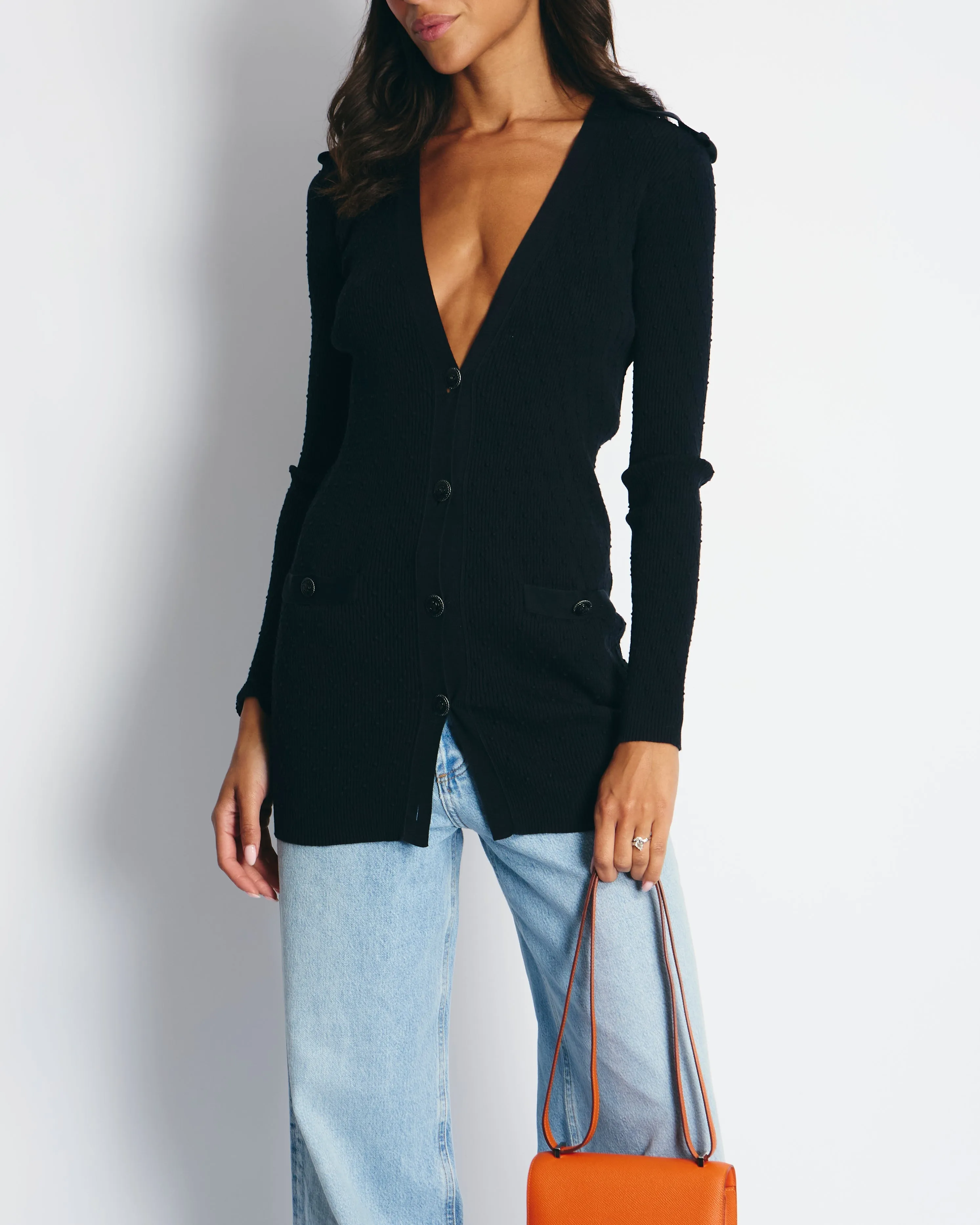 Chanel 16P Black Ribbed Cardigan with Shoulder Button Detail FR 34 (UK 6) RRP ??2,450