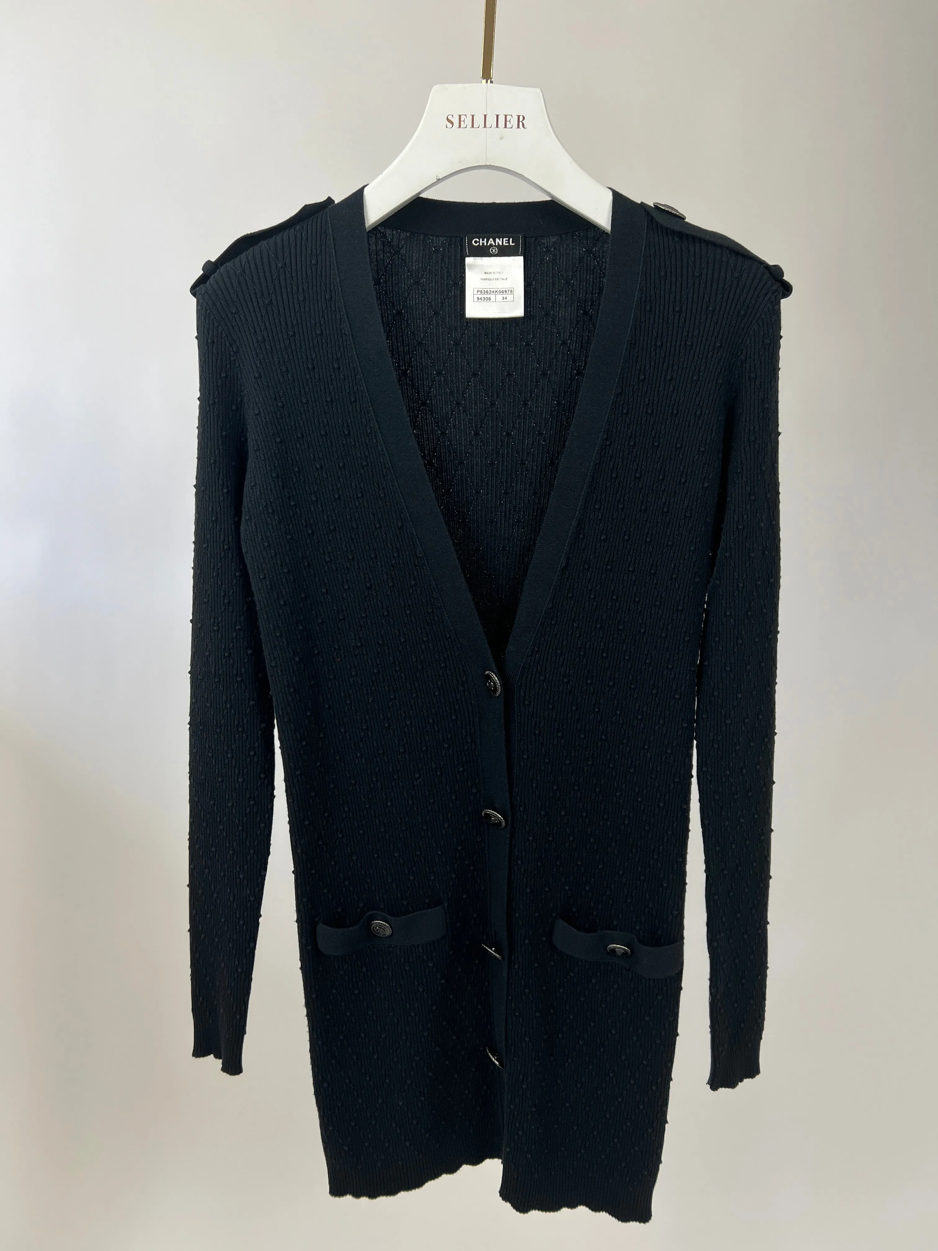 Chanel 16P Black Ribbed Cardigan with Shoulder Button Detail FR 34 (UK 6) RRP ??2,450