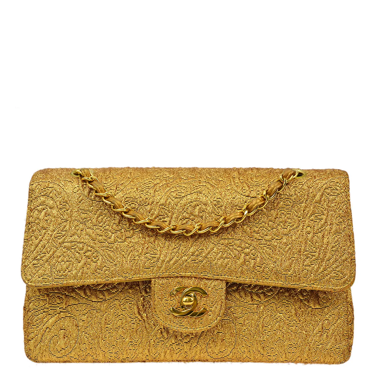Chanel * 1991-1994 Gold Nylon Knit Medium Classic Double Flap Shoulder Bag