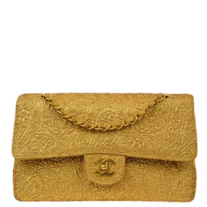 Chanel * 1991-1994 Gold Nylon Knit Medium Classic Double Flap Shoulder Bag