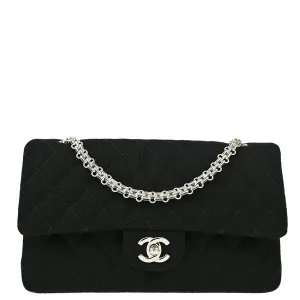 Chanel 1997-1999 Black Cotton Medium Classic Double Flap Shoulder Bag