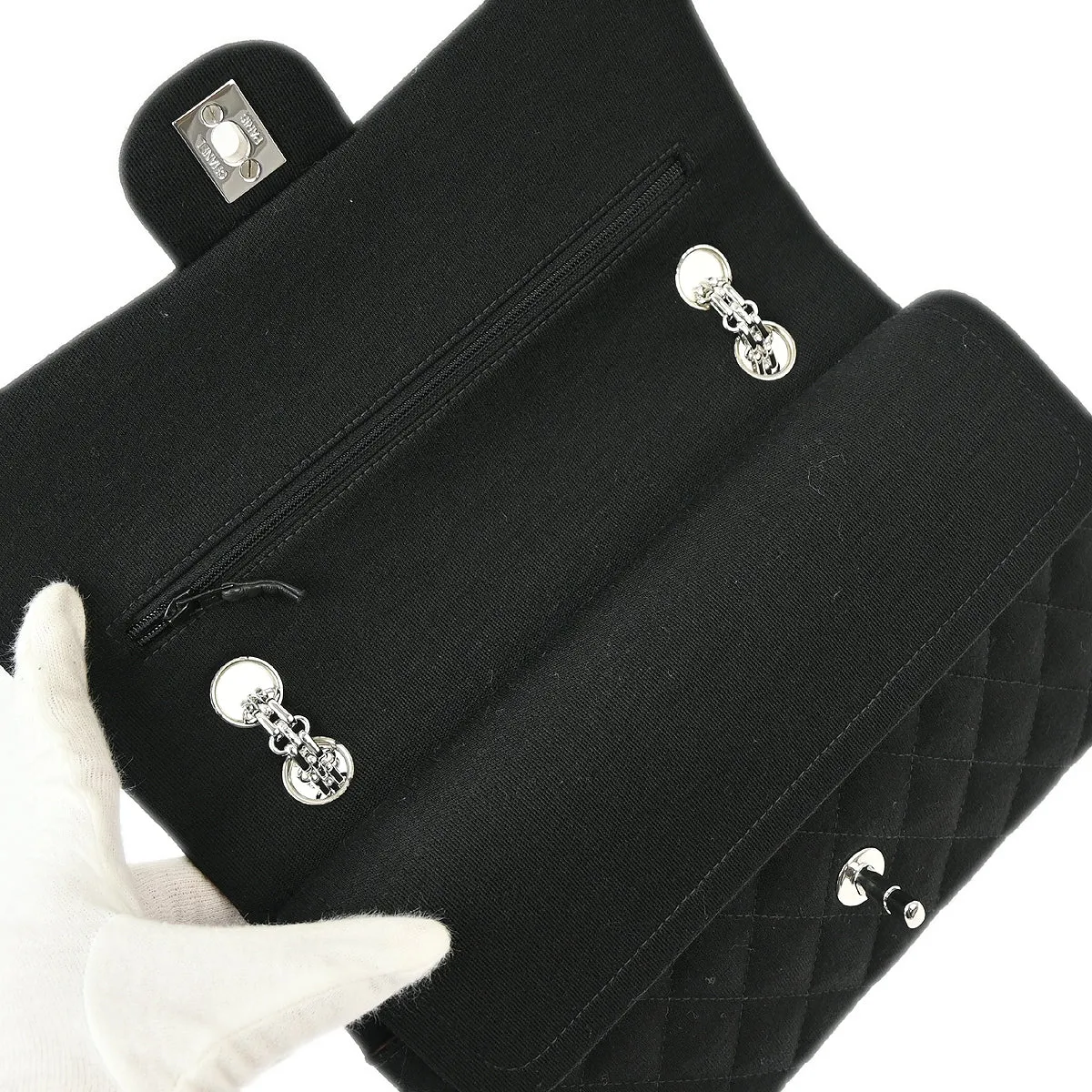 Chanel 1997-1999 Black Cotton Medium Classic Double Flap Shoulder Bag