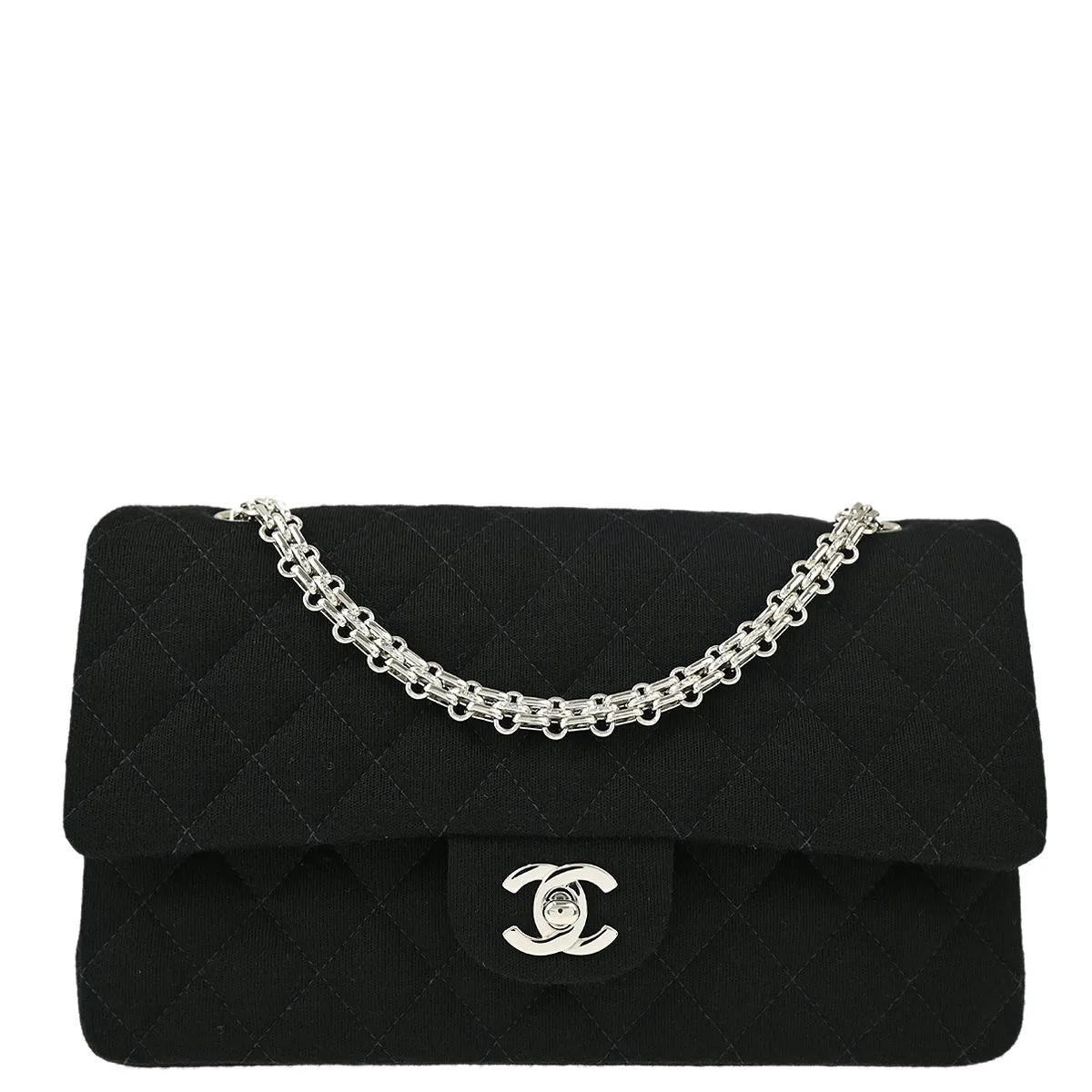 Chanel 1997-1999 Black Cotton Medium Classic Double Flap Shoulder Bag