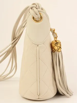 CHANEL Around 1990 Made Cc Mark Stitch Tassel Design Shoulder Bag White
