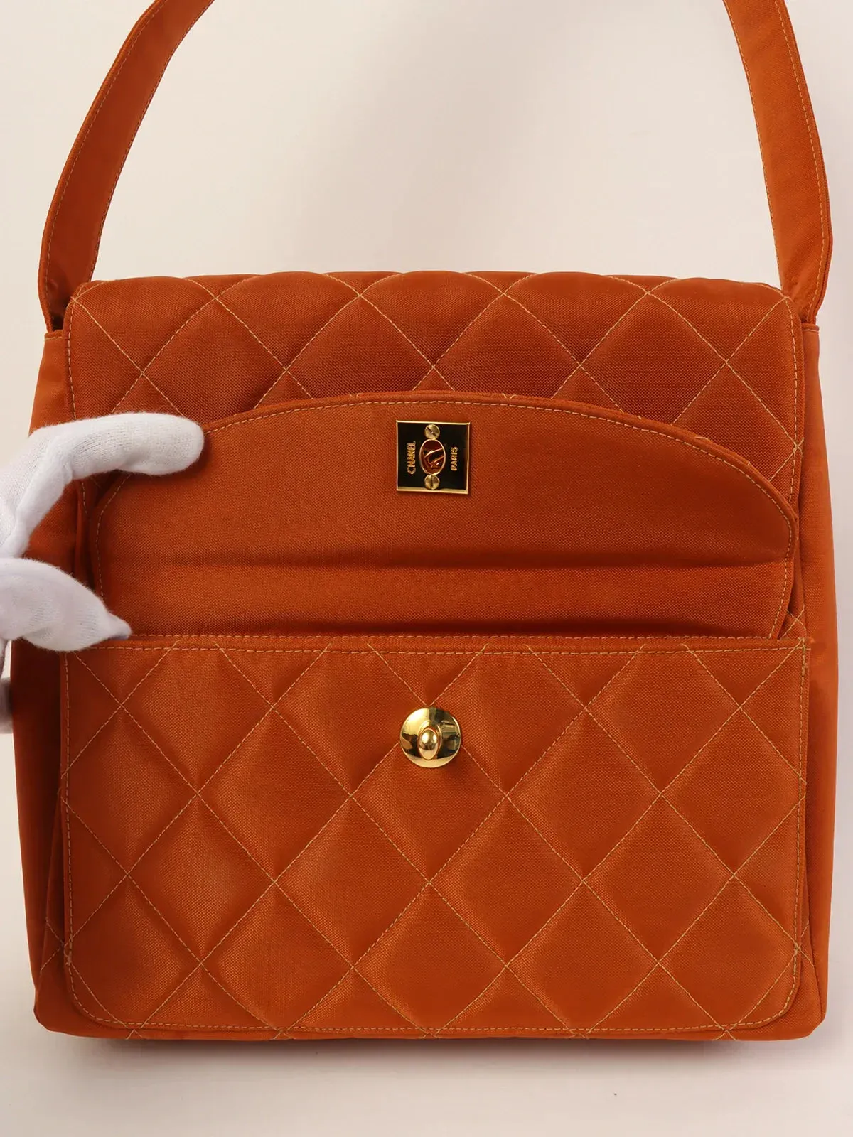 CHANEL Around 1997 Made Nylon Turn-Lock One Shoulder Bag Orange