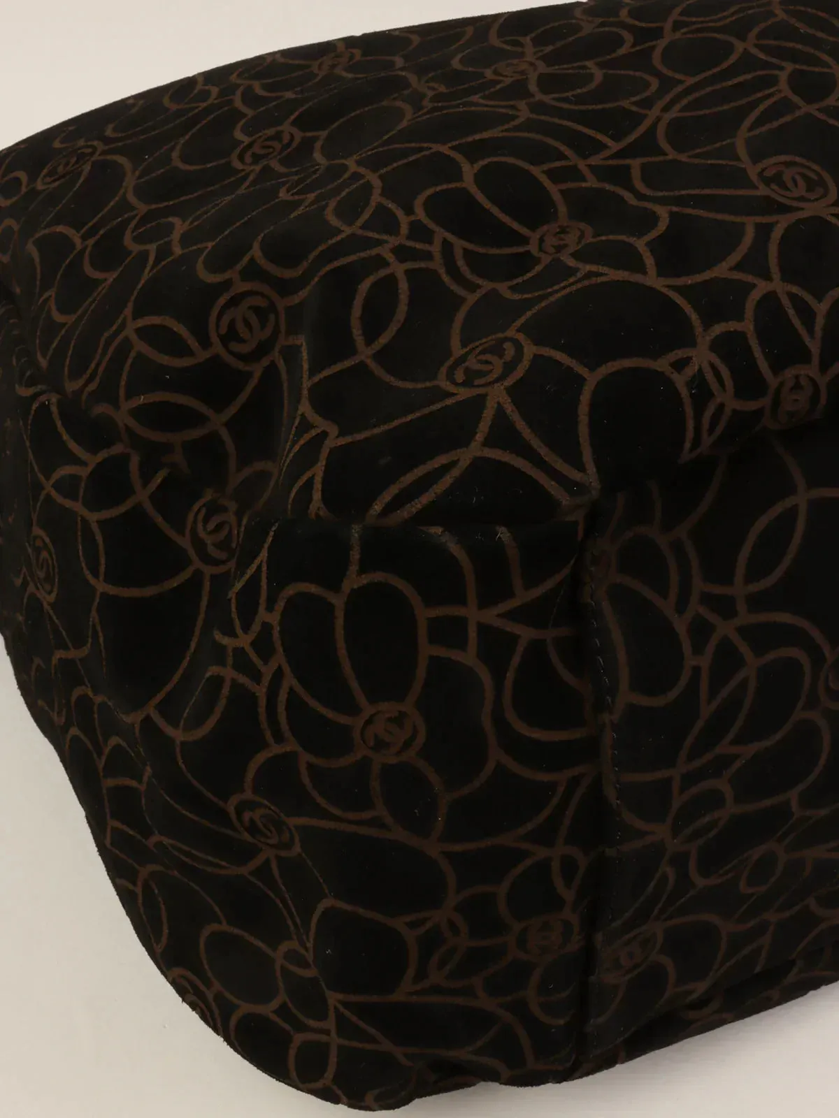CHANEL Around 2004 Made Suede Camellia Pattern Cc Mark Plate Chain Shoulder Bag Black