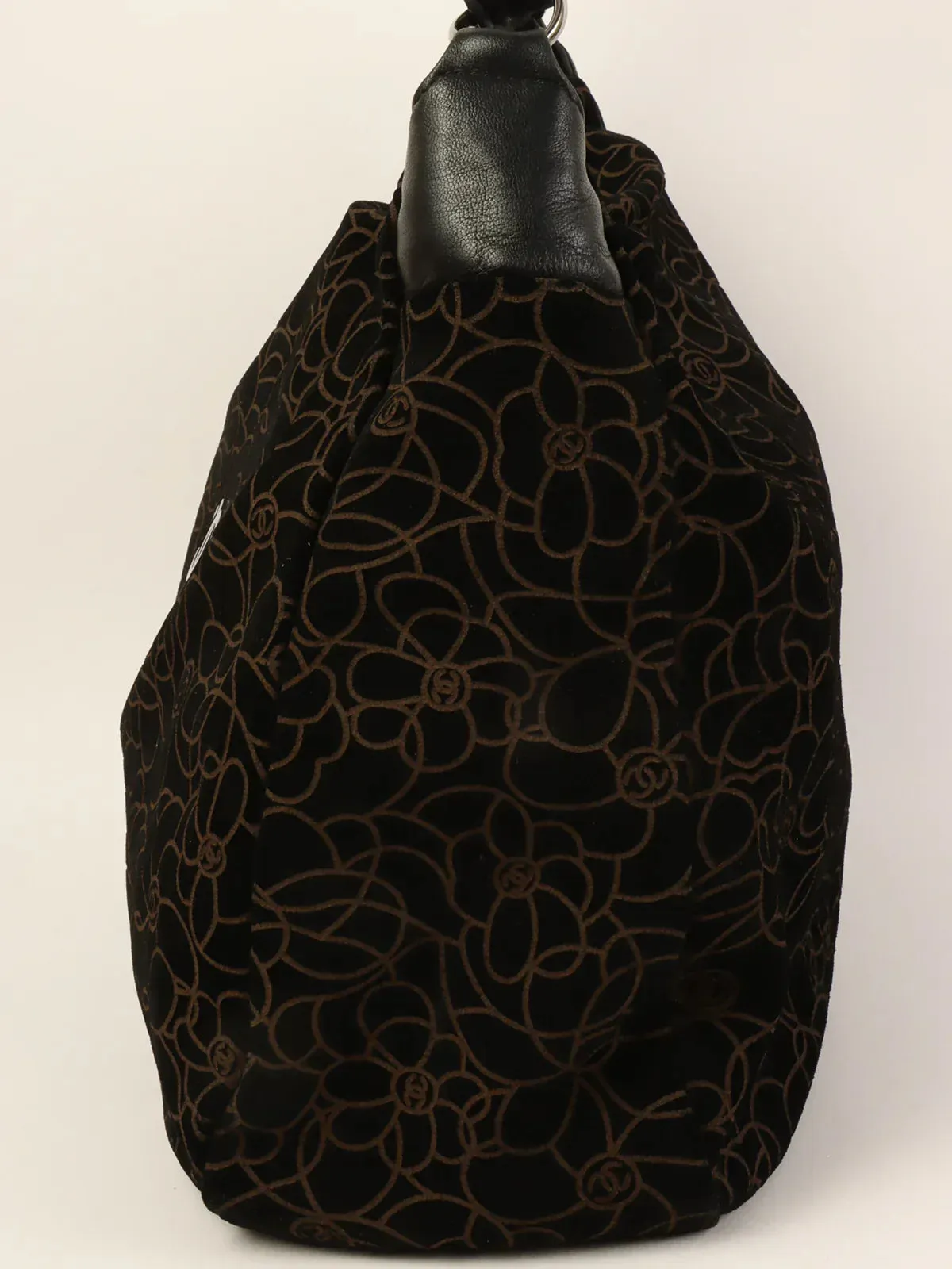 CHANEL Around 2004 Made Suede Camellia Pattern Cc Mark Plate Chain Shoulder Bag Black