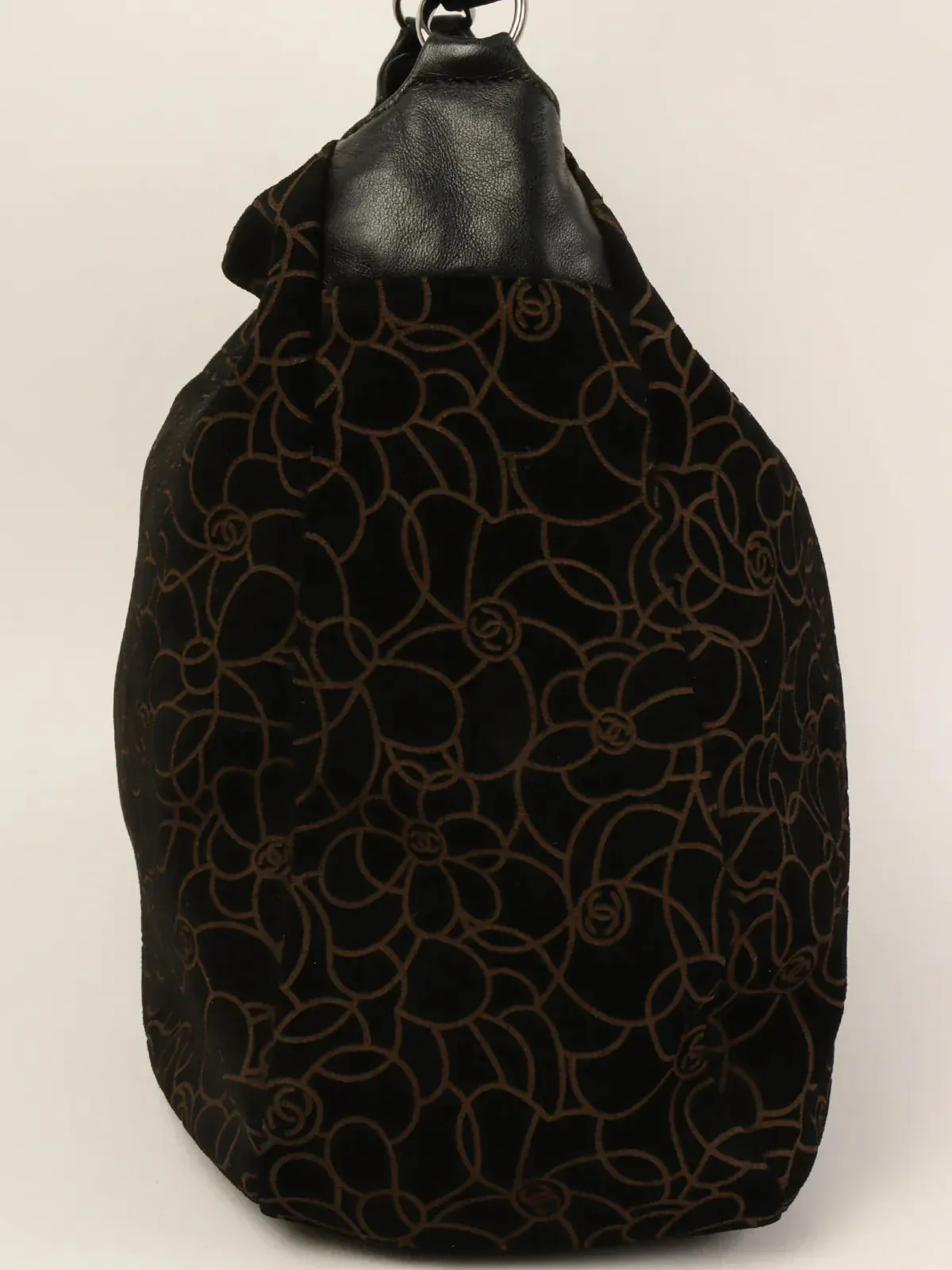 CHANEL Around 2004 Made Suede Camellia Pattern Cc Mark Plate Chain Shoulder Bag Black