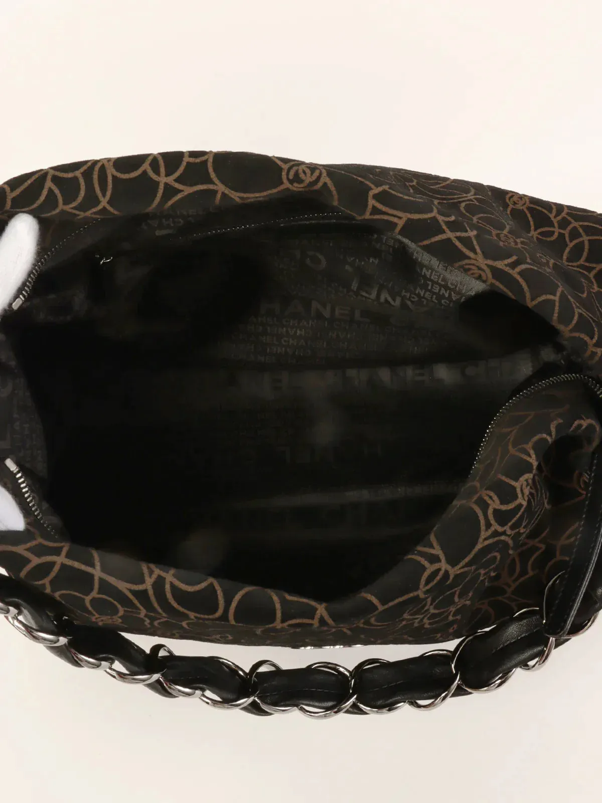 CHANEL Around 2004 Made Suede Camellia Pattern Cc Mark Plate Chain Shoulder Bag Black
