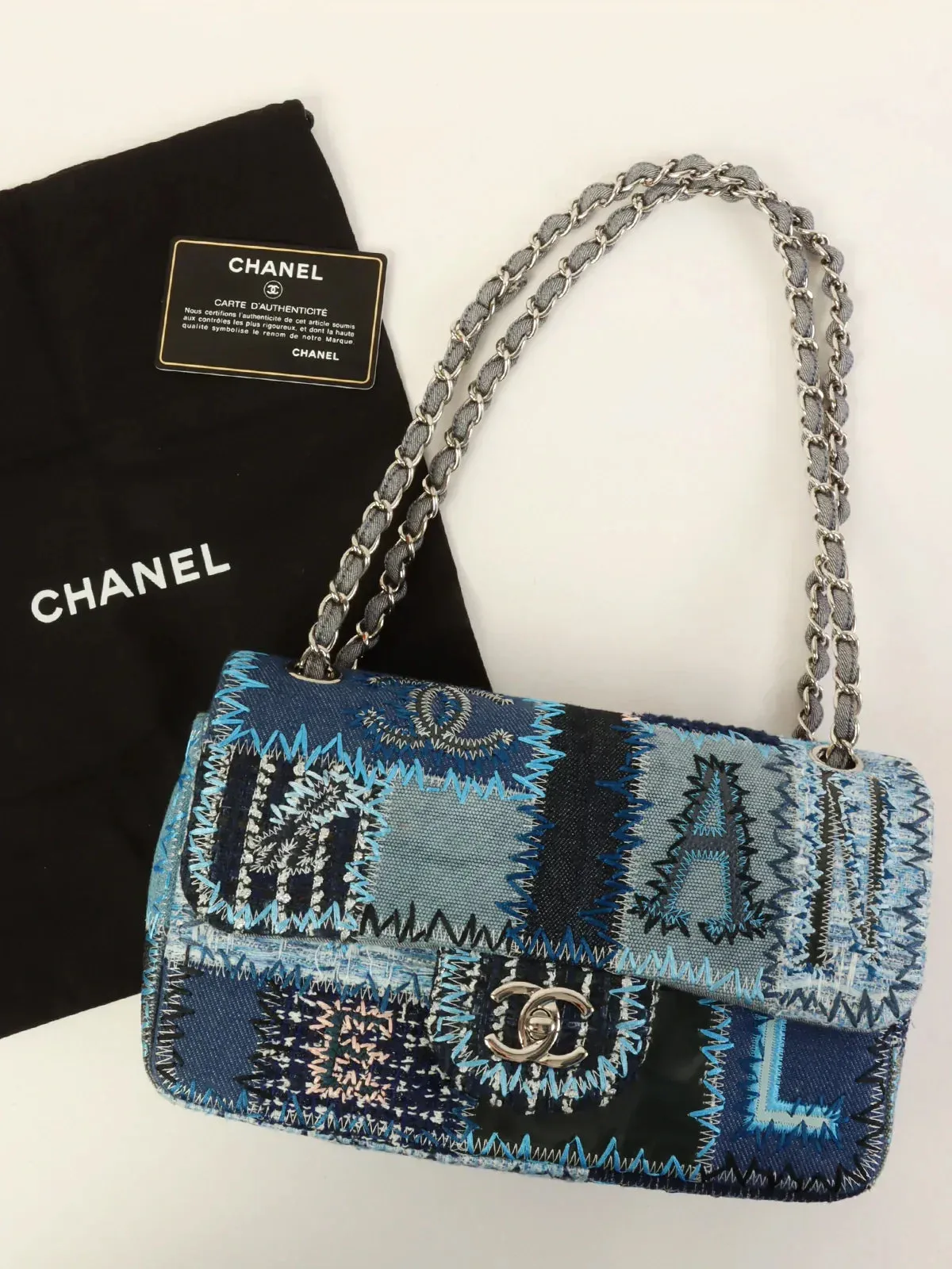CHANEL Around 2014 Made Patchwork Classic Flap Chain Shoulder Bag Blue/Multi