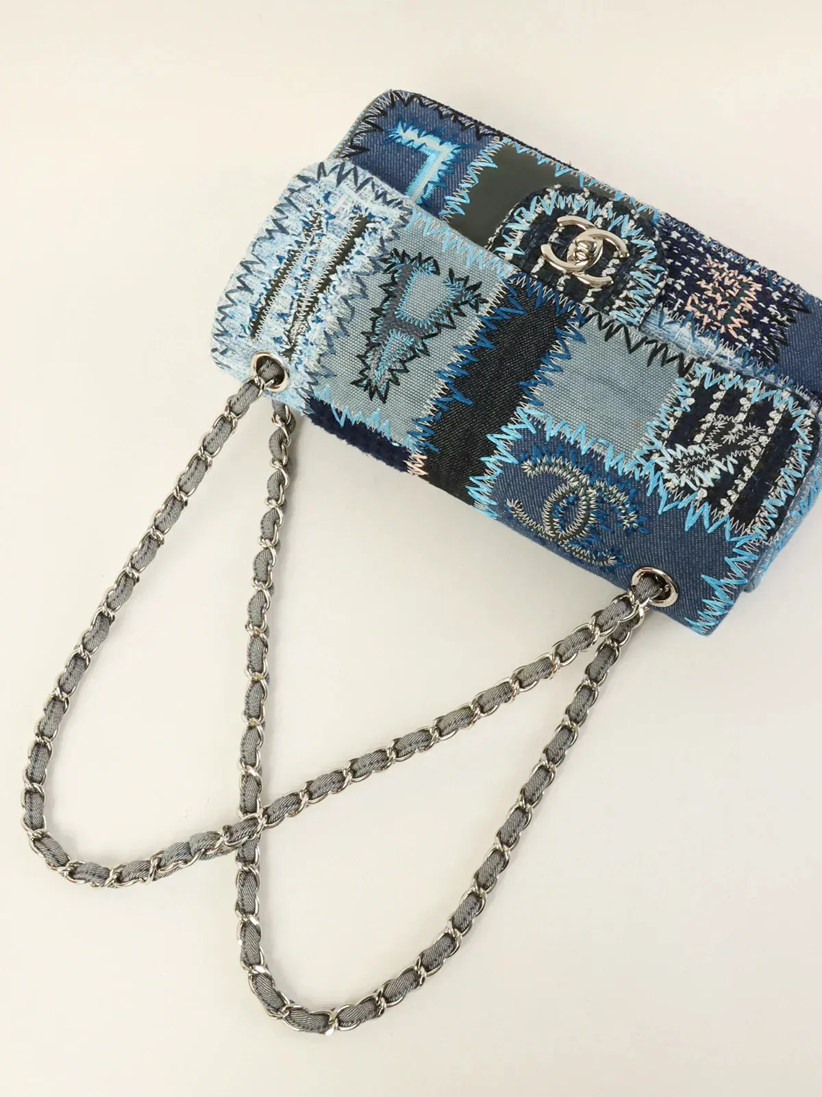 CHANEL Around 2014 Made Patchwork Classic Flap Chain Shoulder Bag Blue/Multi