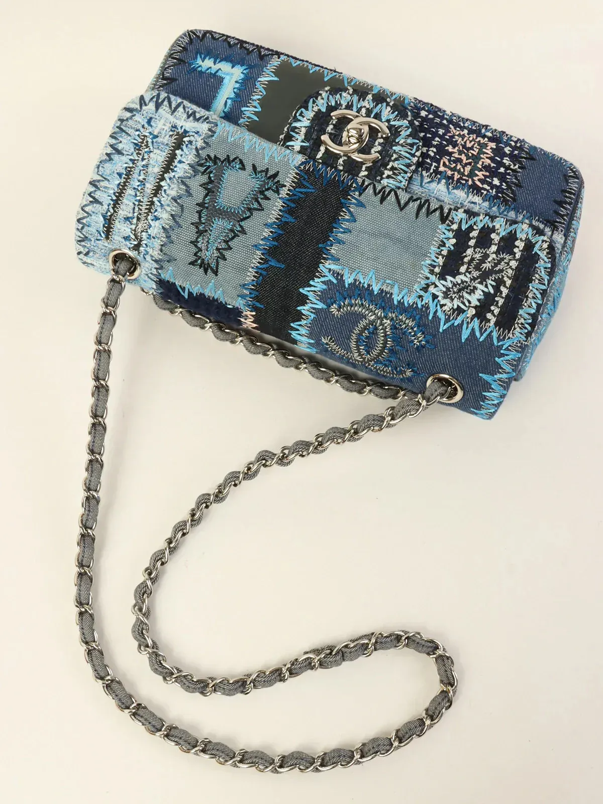 CHANEL Around 2014 Made Patchwork Classic Flap Chain Shoulder Bag Blue/Multi
