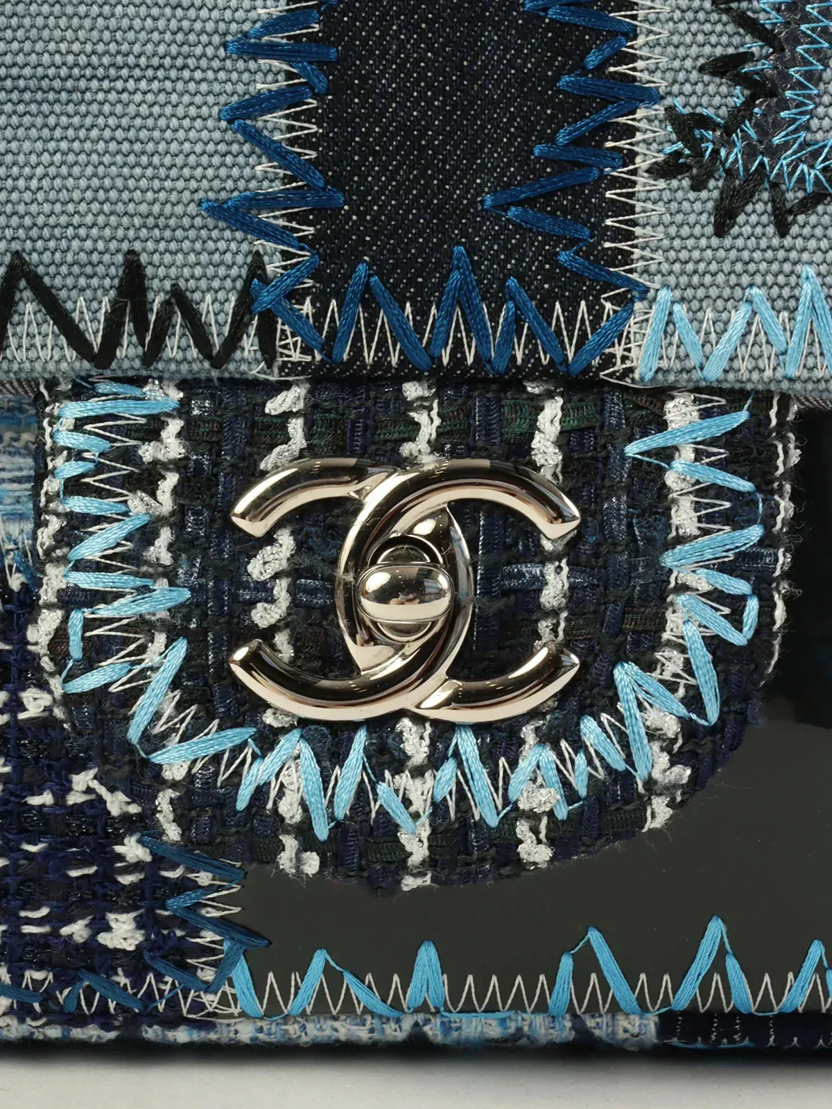 CHANEL Around 2014 Made Patchwork Classic Flap Chain Shoulder Bag Blue/Multi