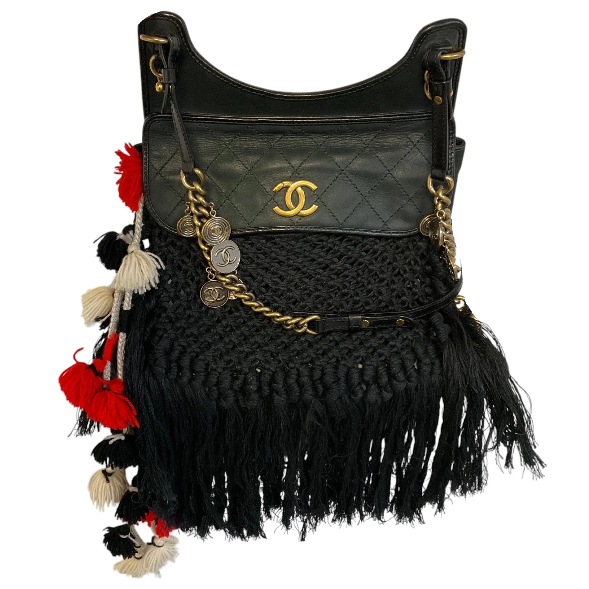 Chanel Black 2015 Dubai Resort Runway Limited Edition Fringe Crochet Pom Pom Bag