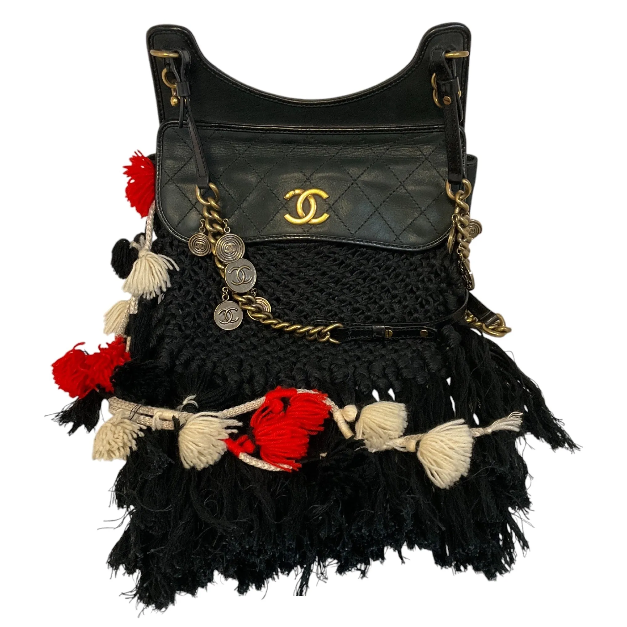 Chanel Black 2015 Dubai Resort Runway Limited Edition Fringe Crochet Pom Pom Bag