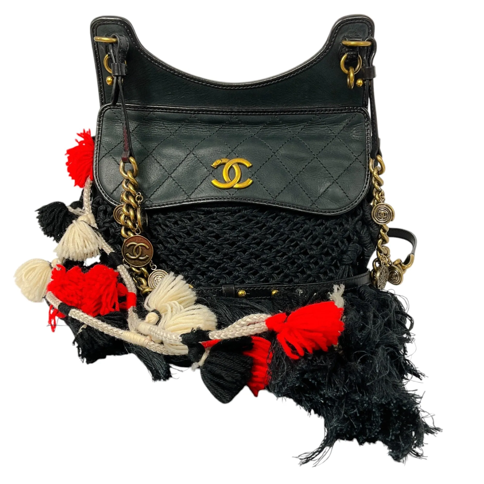 Chanel Black 2015 Dubai Resort Runway Limited Edition Fringe Crochet Pom Pom Bag
