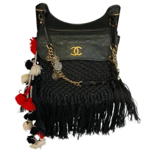 Chanel Black 2015 Dubai Resort Runway Limited Edition Fringe Crochet Pom Pom Bag