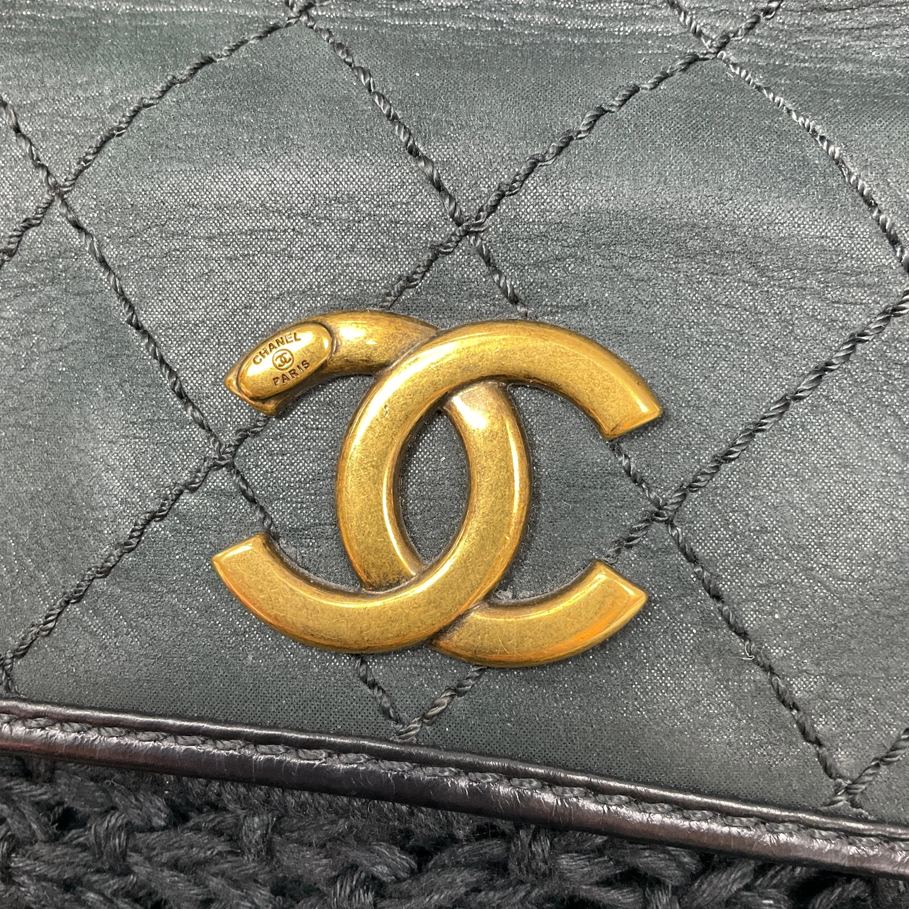 Chanel Black 2015 Dubai Resort Runway Limited Edition Fringe Crochet Pom Pom Bag