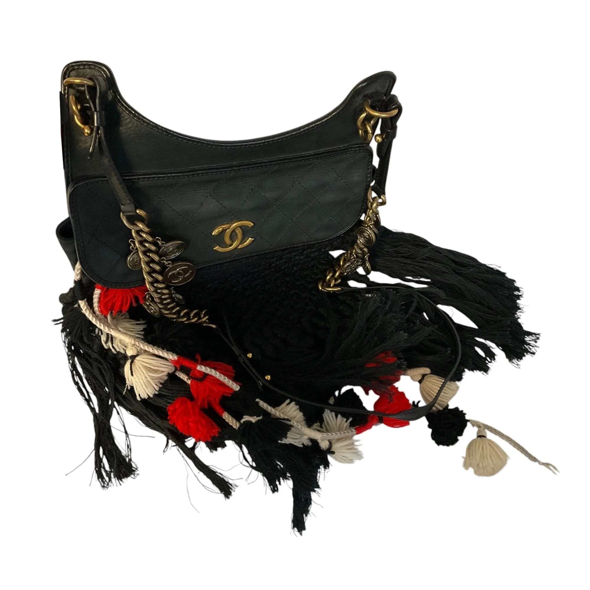 Chanel Black 2015 Dubai Resort Runway Limited Edition Fringe Crochet Pom Pom Bag