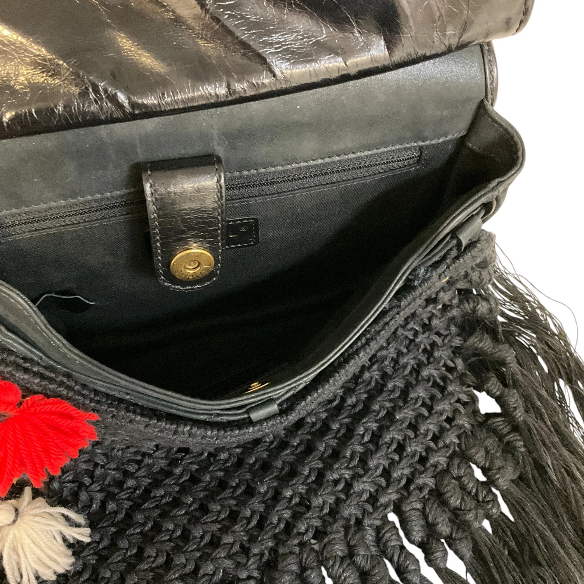 Chanel Black 2015 Dubai Resort Runway Limited Edition Fringe Crochet Pom Pom Bag