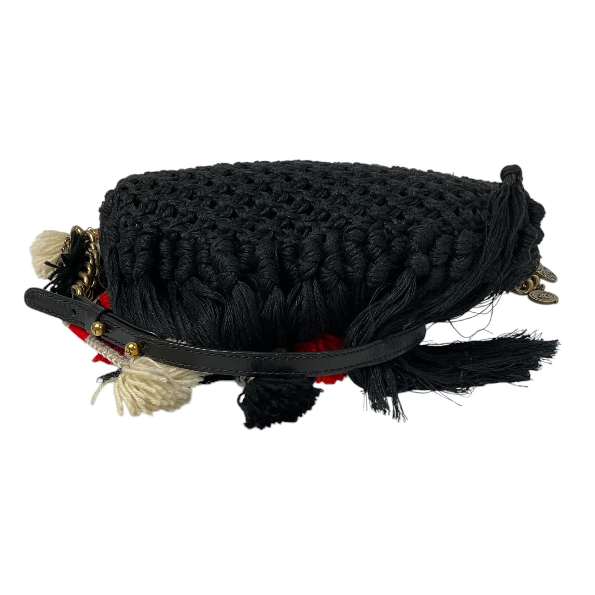 Chanel Black 2015 Dubai Resort Runway Limited Edition Fringe Crochet Pom Pom Bag