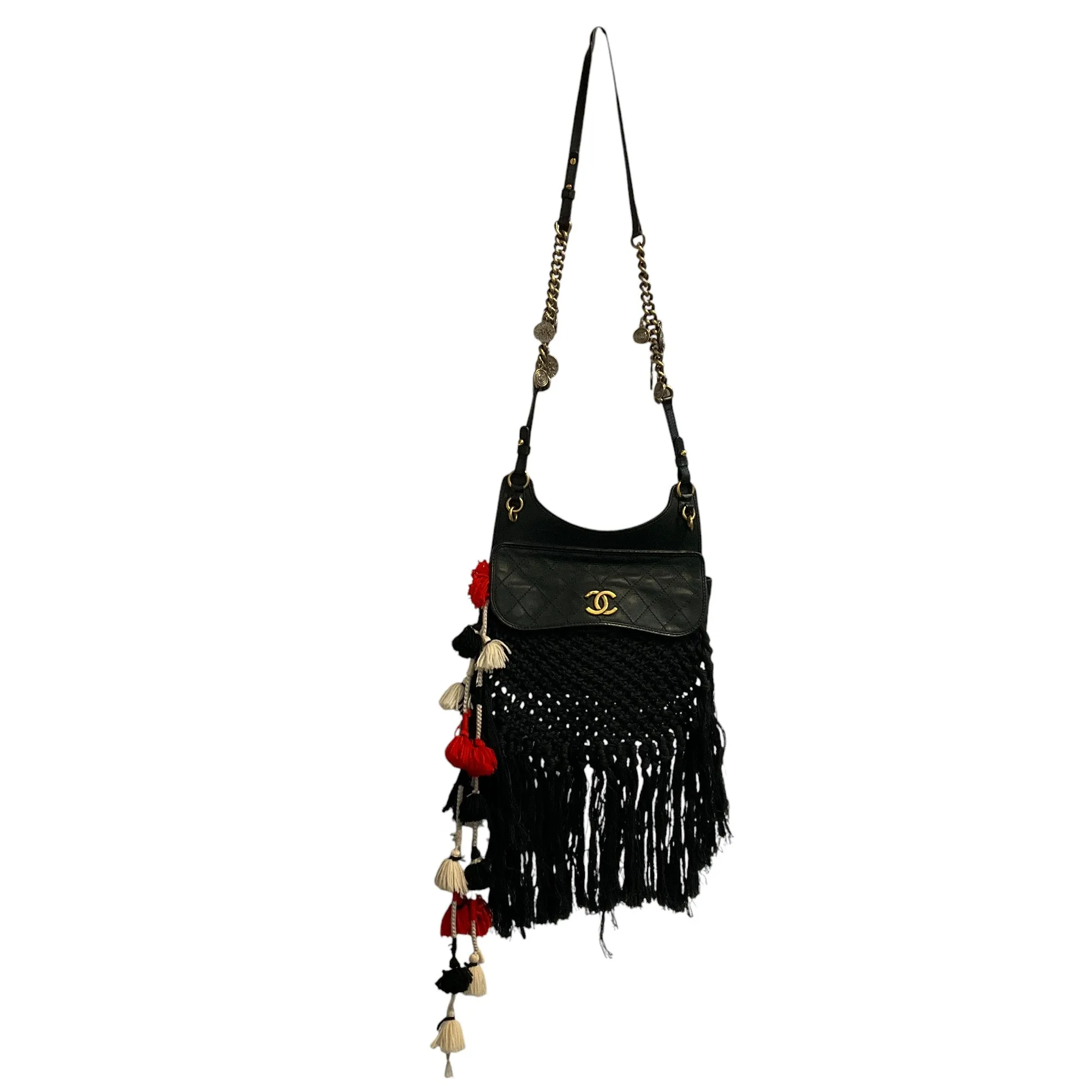 Chanel Black 2015 Dubai Resort Runway Limited Edition Fringe Crochet Pom Pom Bag