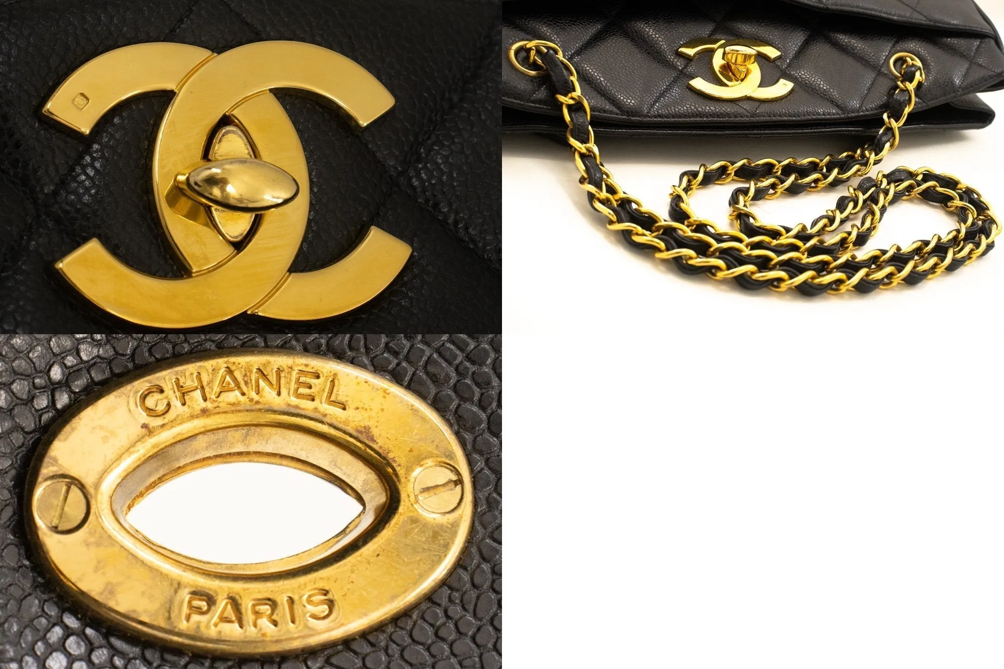 CHANEL Caviar Large Chain Shoulder Bag Black Quilted Leather