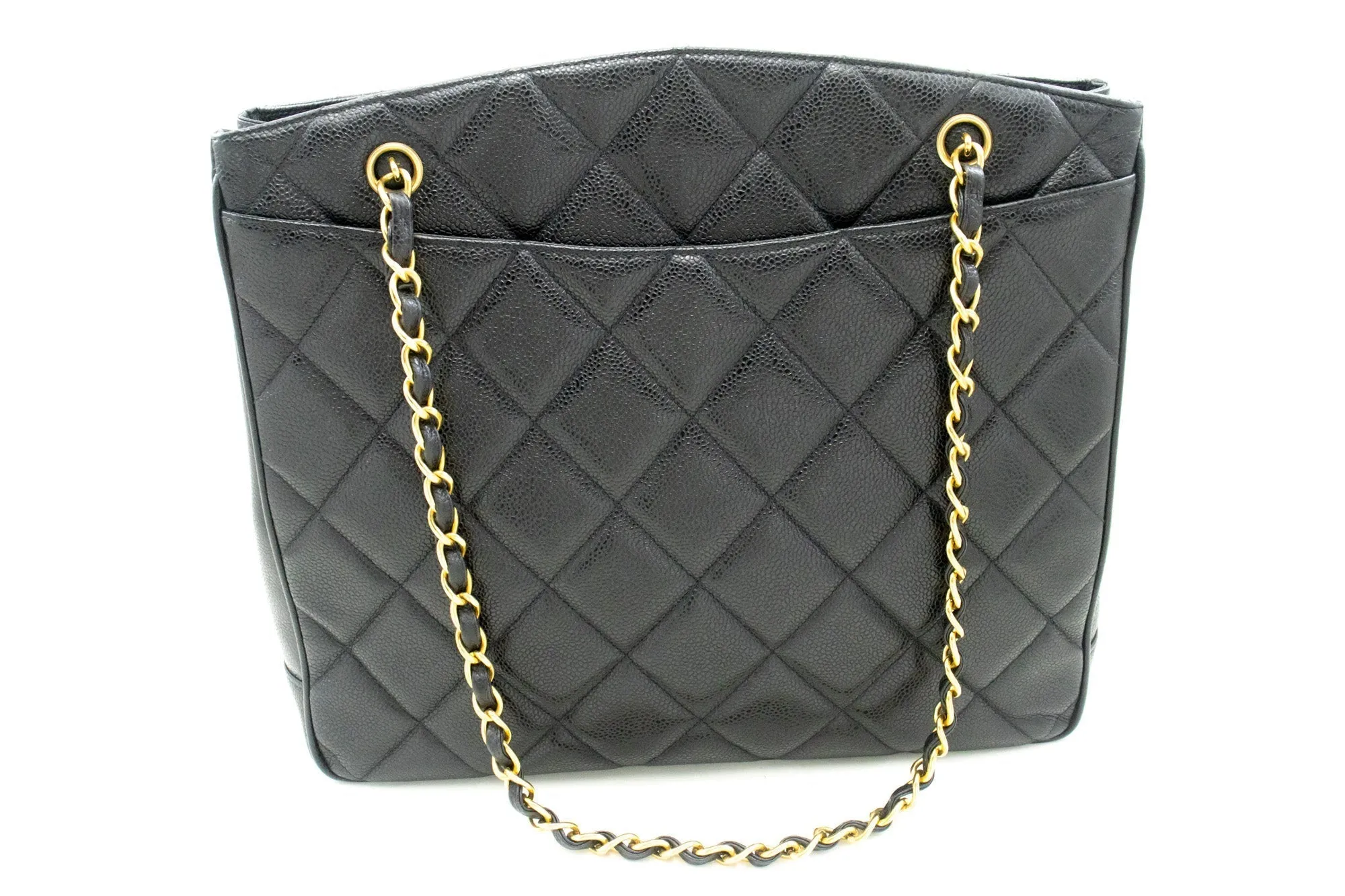 CHANEL Caviar Large Chain Shoulder Bag Black Quilted Leather