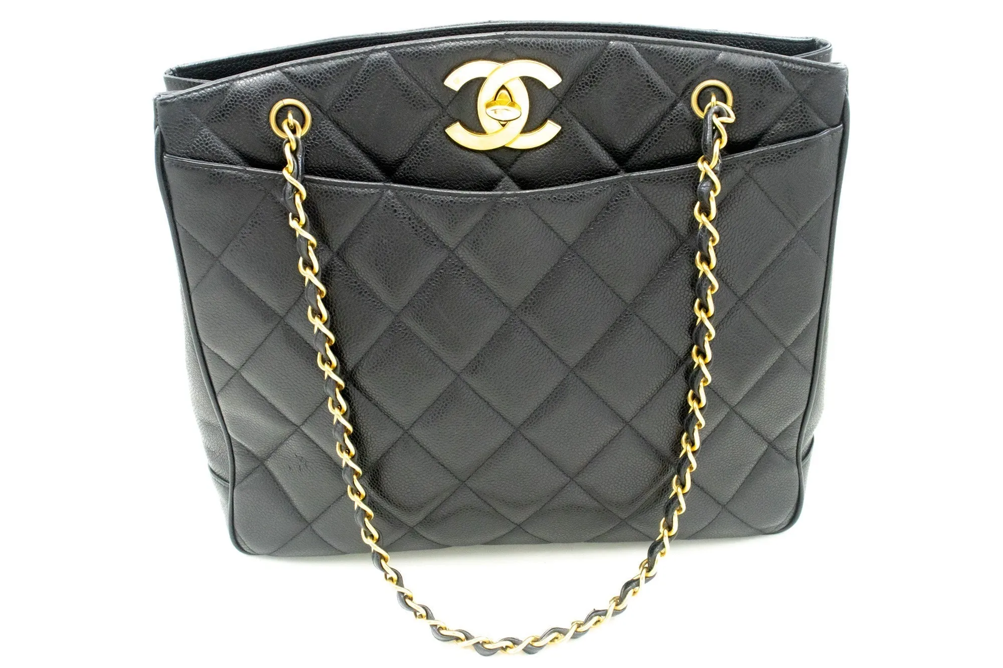 CHANEL Caviar Large Chain Shoulder Bag Black Quilted Leather