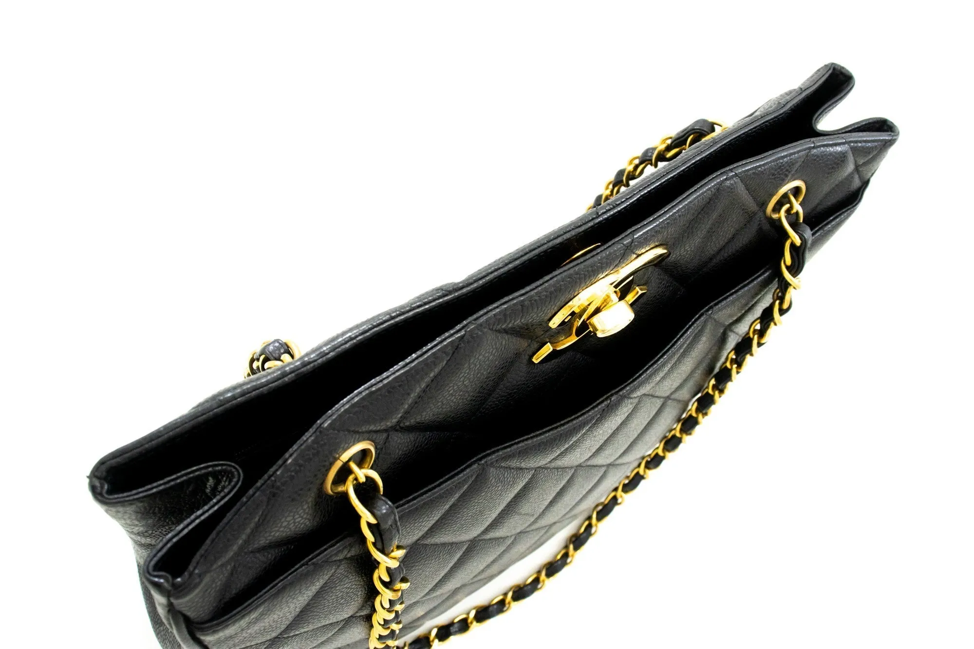CHANEL Caviar Large Chain Shoulder Bag Black Quilted Leather