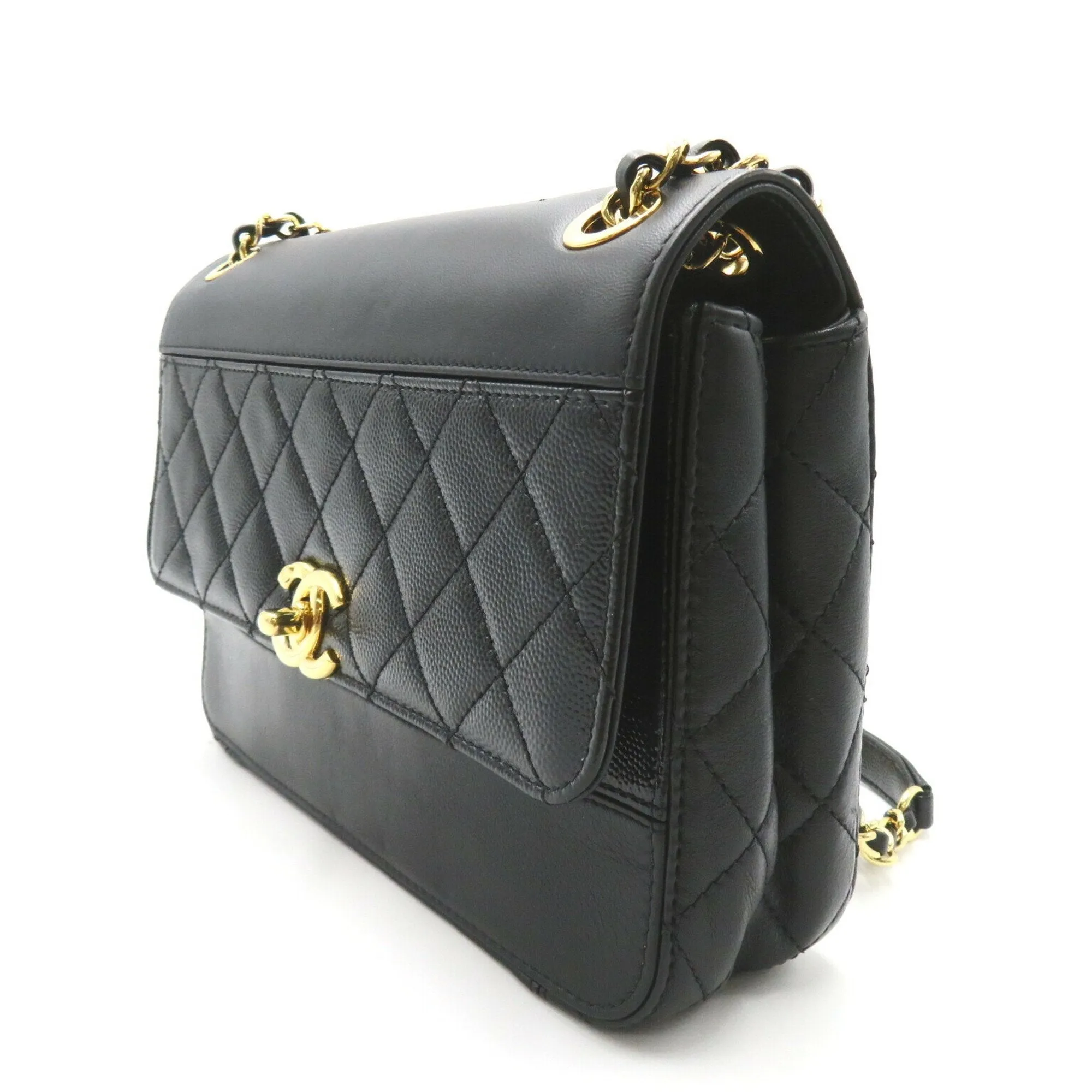 CHANEL Chain Shoulder Bag, Calfskin (Cowhide) Lambskin (Sheepskin) Women's Black AS0949