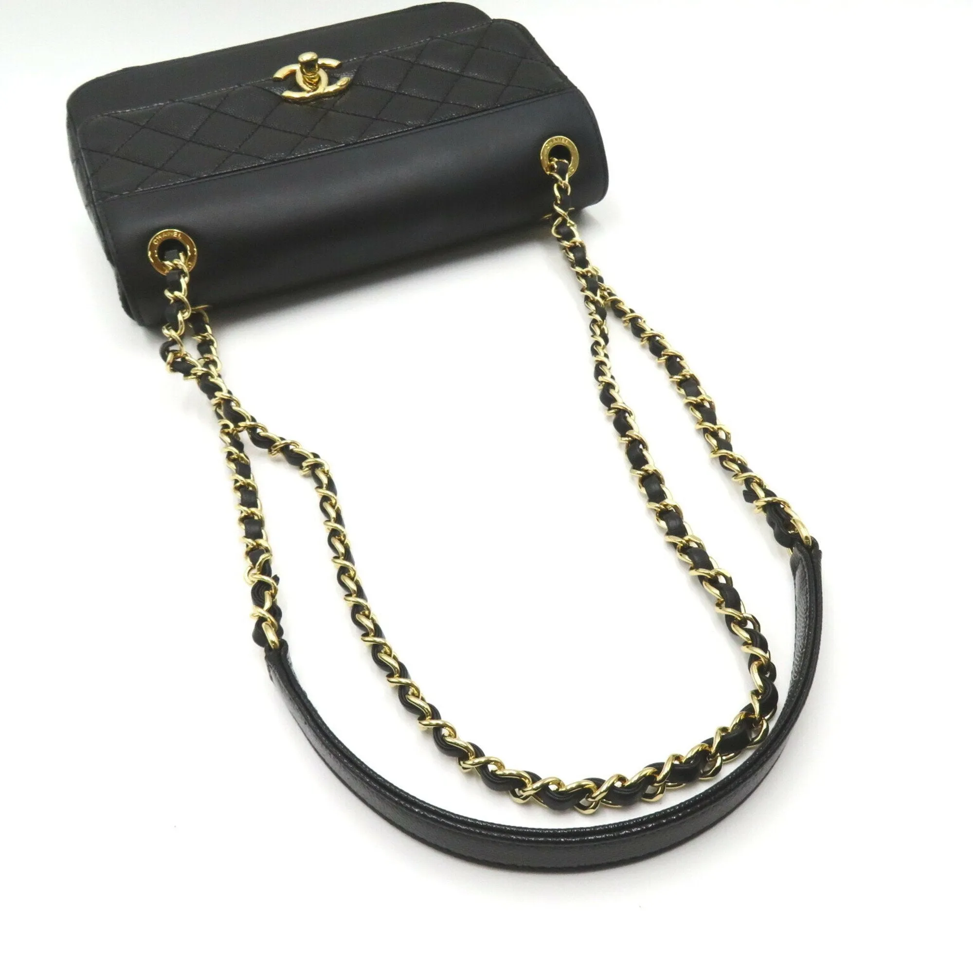 CHANEL Chain Shoulder Bag, Calfskin (Cowhide) Lambskin (Sheepskin) Women's Black AS0949