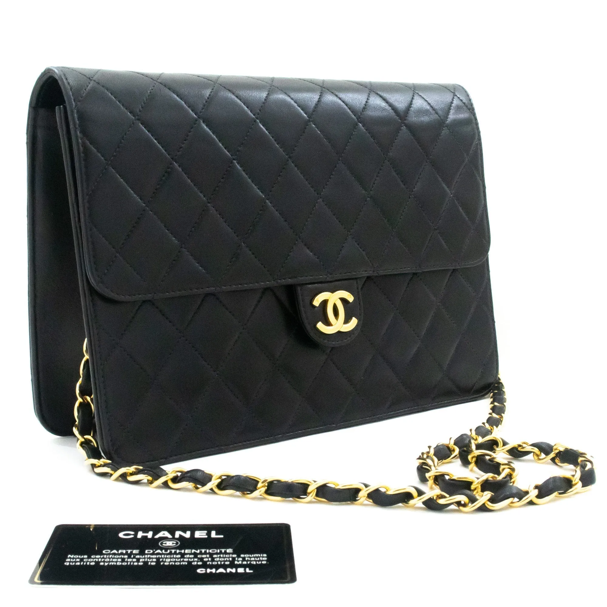 CHANEL Chain Shoulder Bag Clutch Black Quilted Flap Lambskin Purse