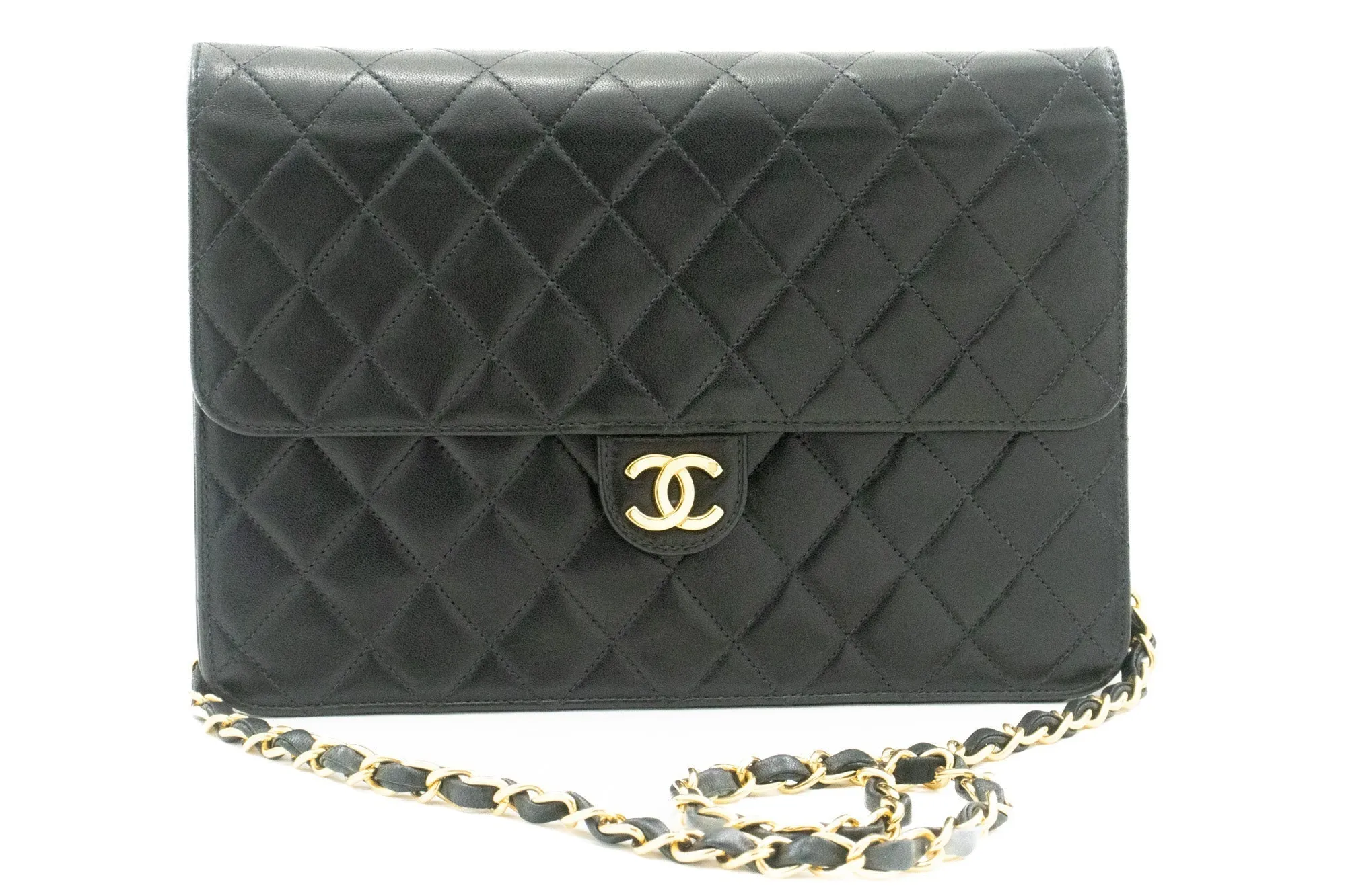 CHANEL Chain Shoulder Bag Clutch Black Quilted Flap Lambskin Purse