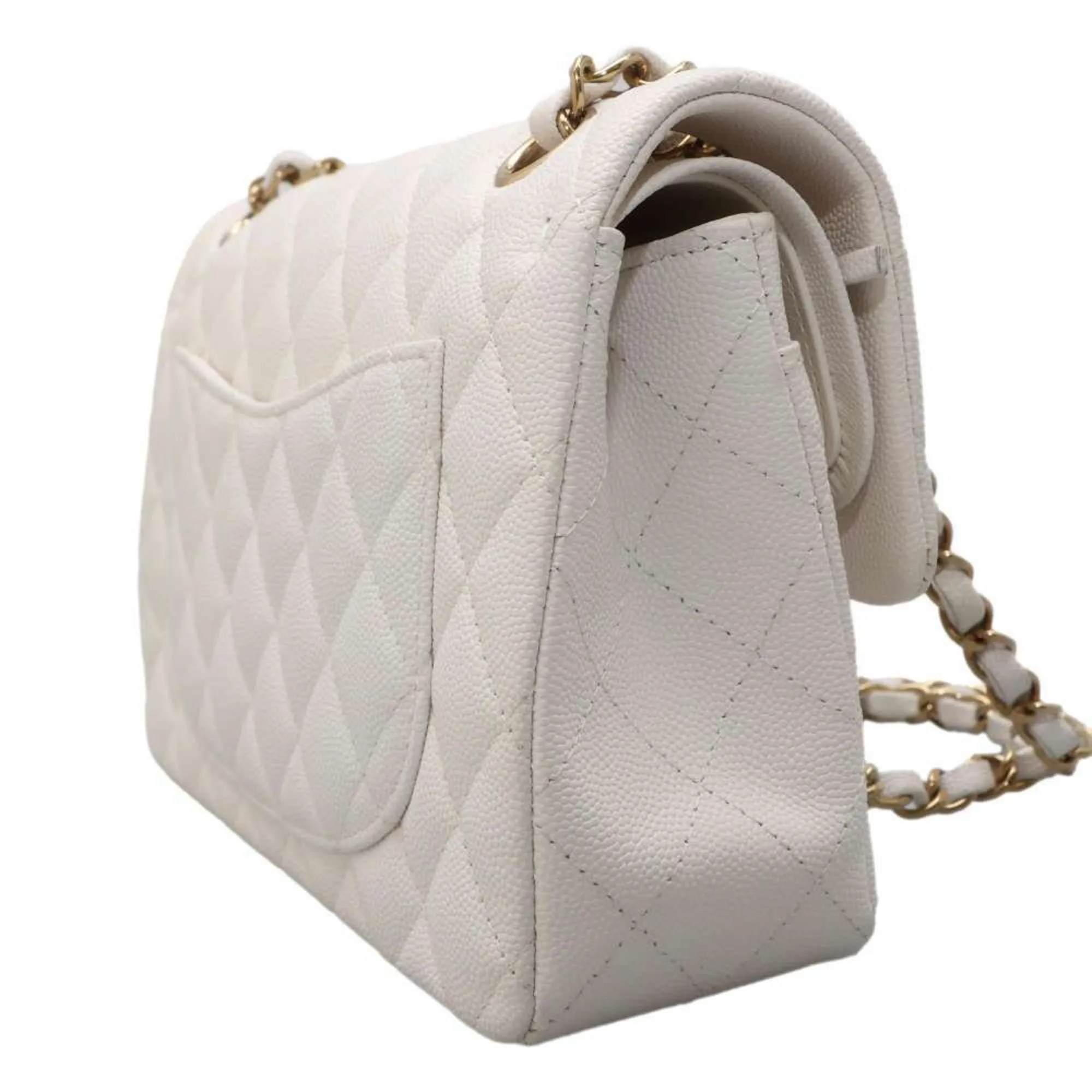 Chanel Chain Shoulder Bag Matelasse Coco Mark Caviar Skin A01113 Double Flap CHANEL White