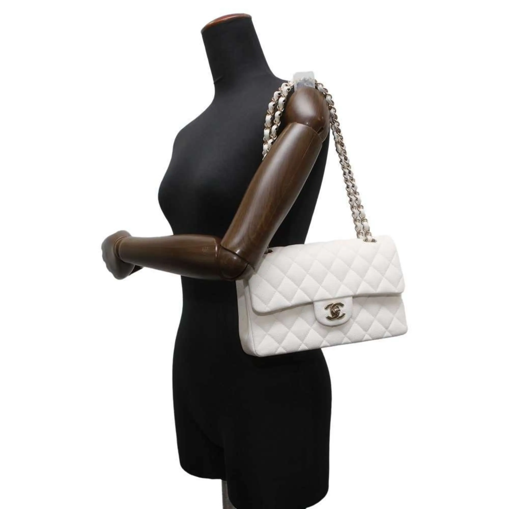 Chanel Chain Shoulder Bag Matelasse Coco Mark Caviar Skin A01113 Double Flap CHANEL White