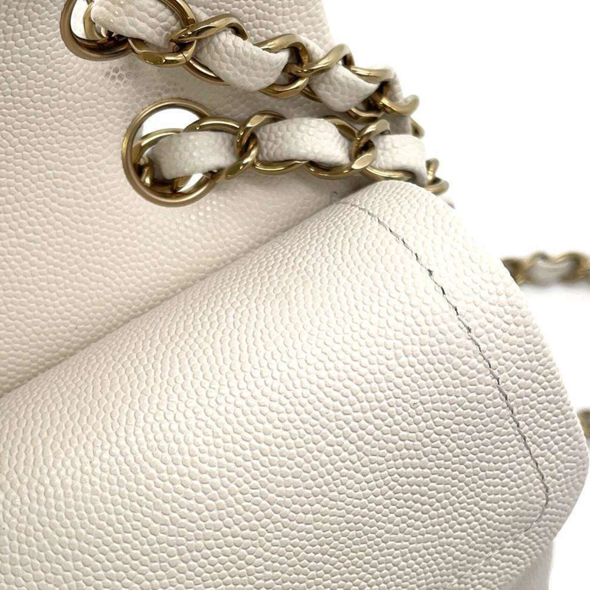 Chanel Chain Shoulder Bag Matelasse Coco Mark Caviar Skin A01113 Double Flap CHANEL White