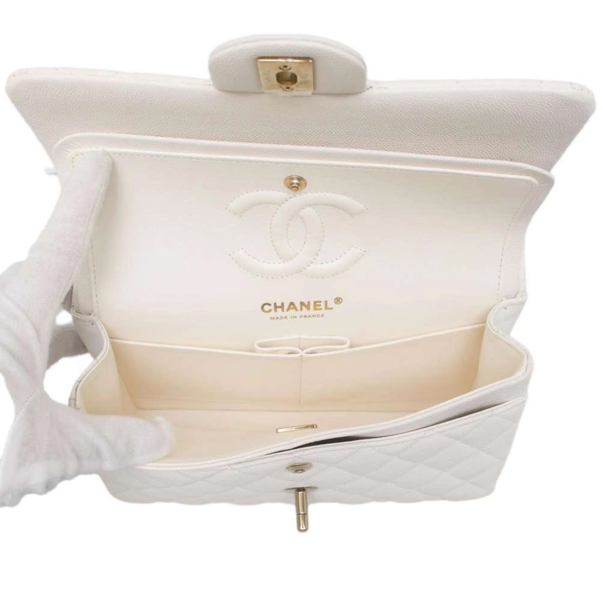 Chanel Chain Shoulder Bag Matelasse Coco Mark Caviar Skin A01113 Double Flap CHANEL White