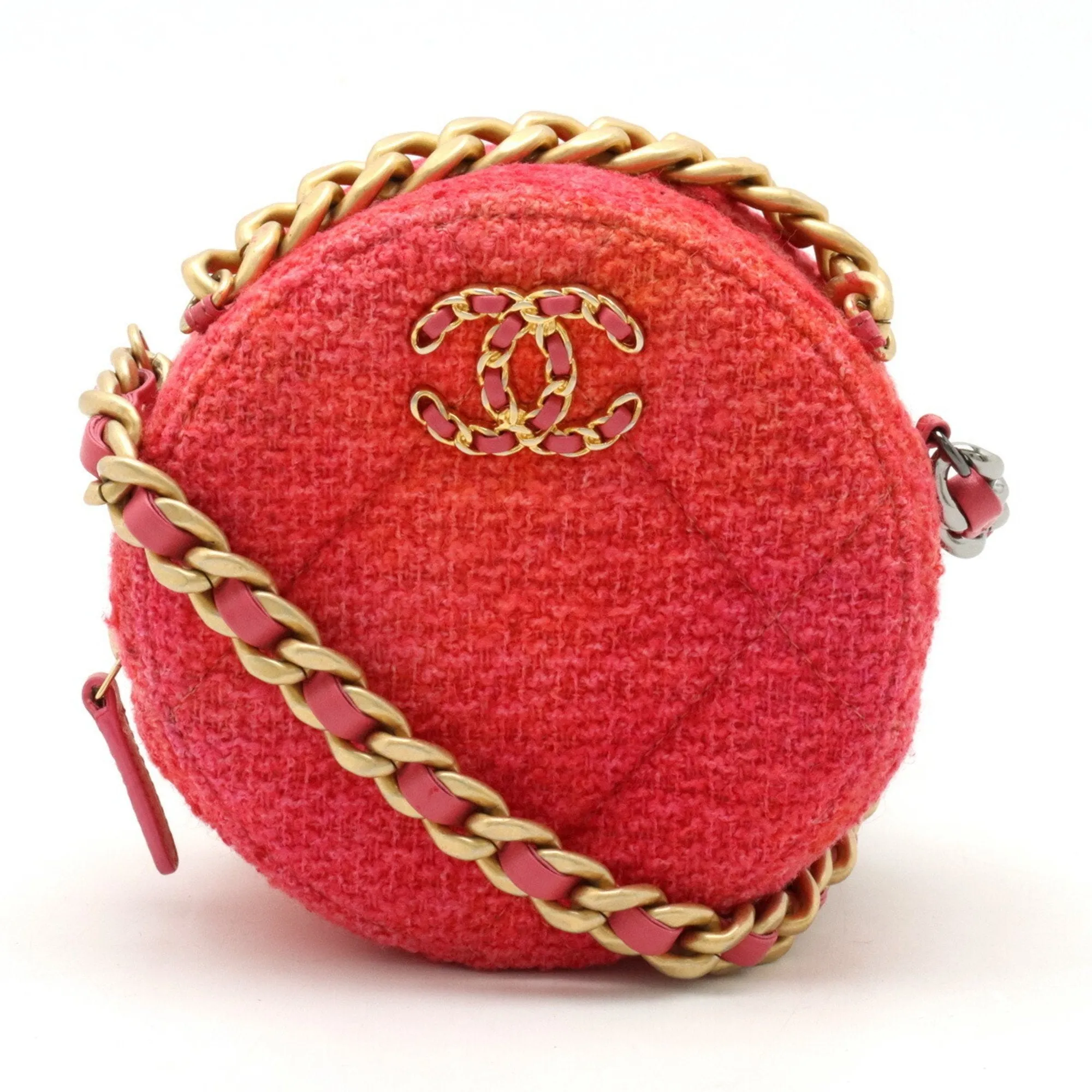 CHANEL Chanel CHANEL19 Round Chain Shoulder Pochette Tweed Tie-dye Pink Orange AP0945