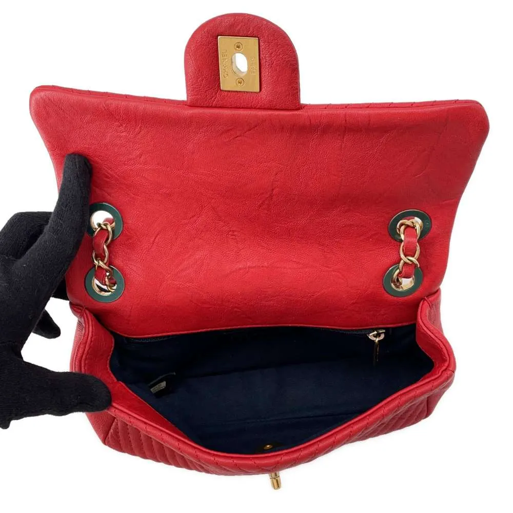 CHANEL Chevron Double Chain Shoulder Bag Red A92087 Leather