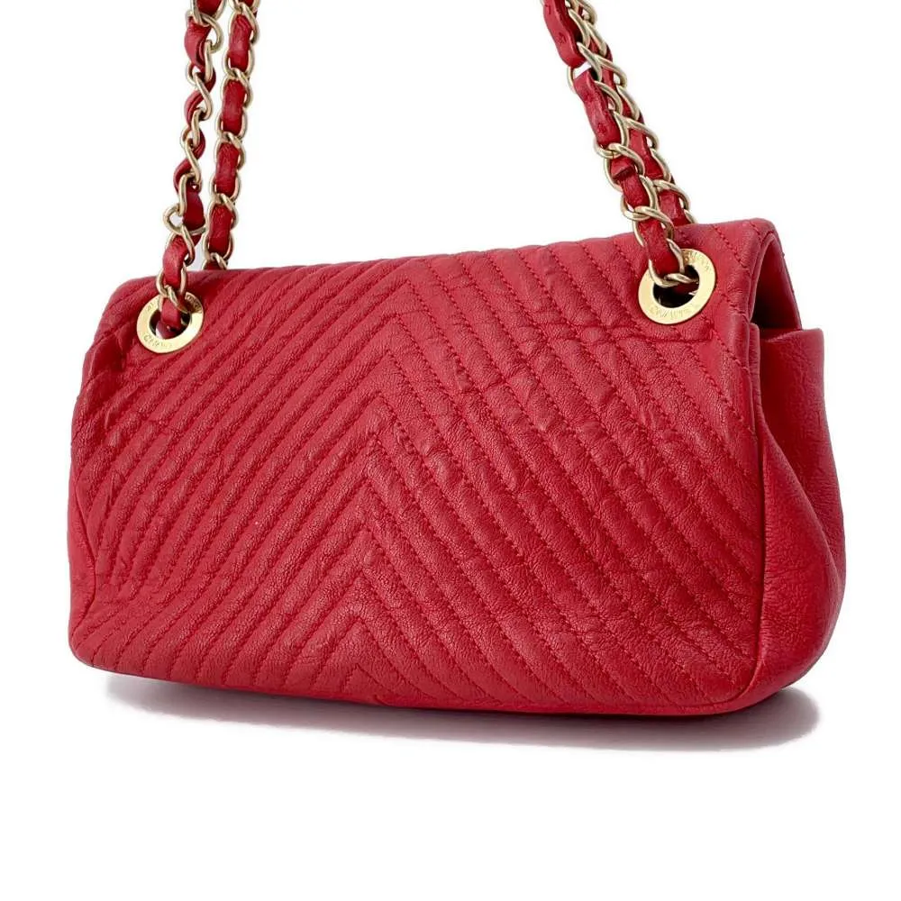 CHANEL Chevron Double Chain Shoulder Bag Red A92087 Leather