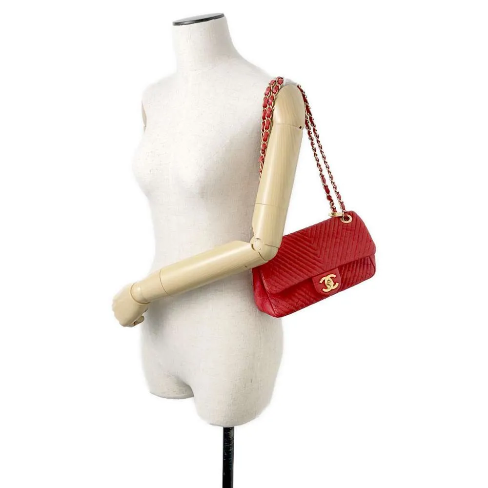 CHANEL Chevron Double Chain Shoulder Bag Red A92087 Leather