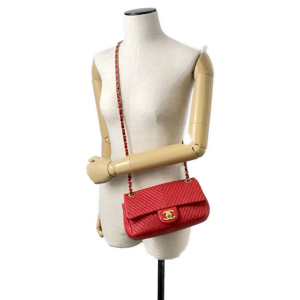CHANEL Chevron Double Chain Shoulder Bag Red A92087 Leather