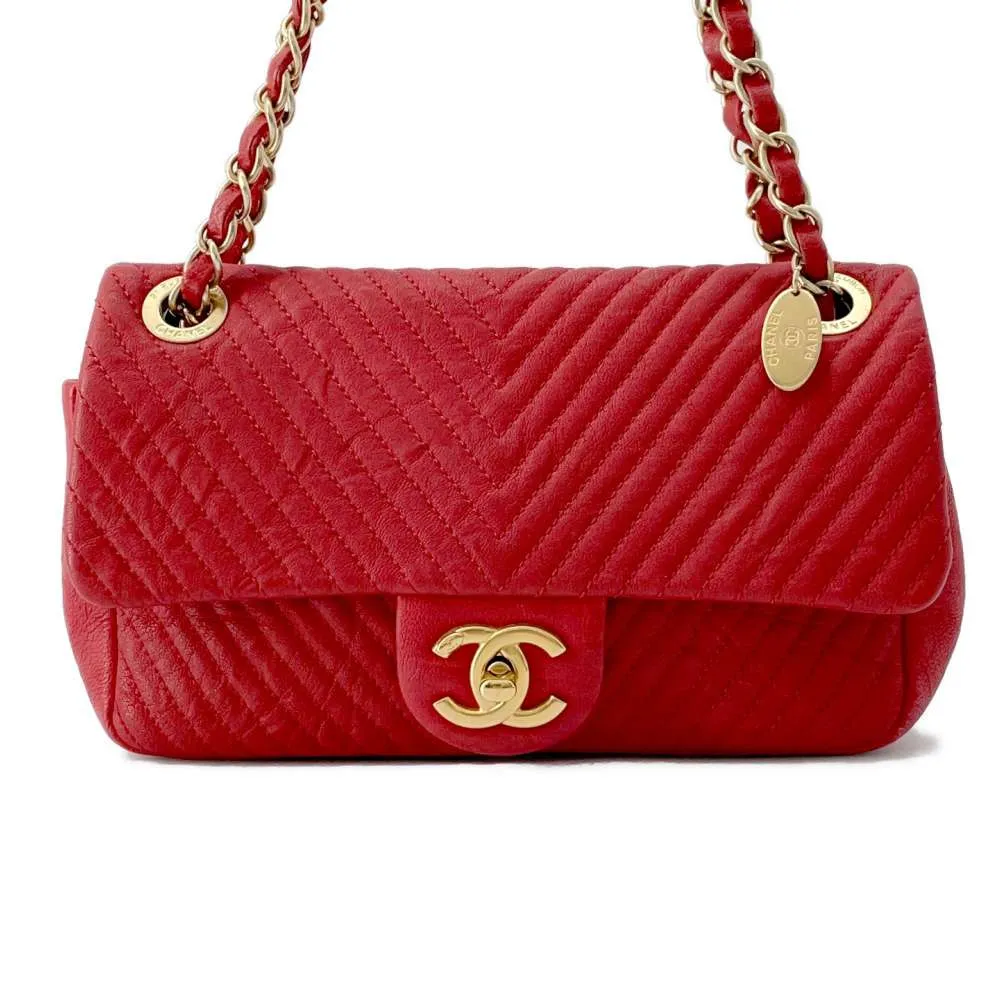 CHANEL Chevron Double Chain Shoulder Bag Red A92087 Leather