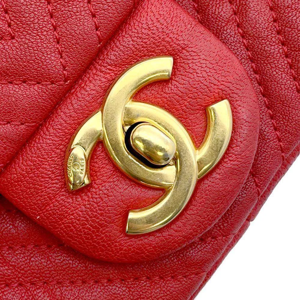 CHANEL Chevron Double Chain Shoulder Bag Red A92087 Leather